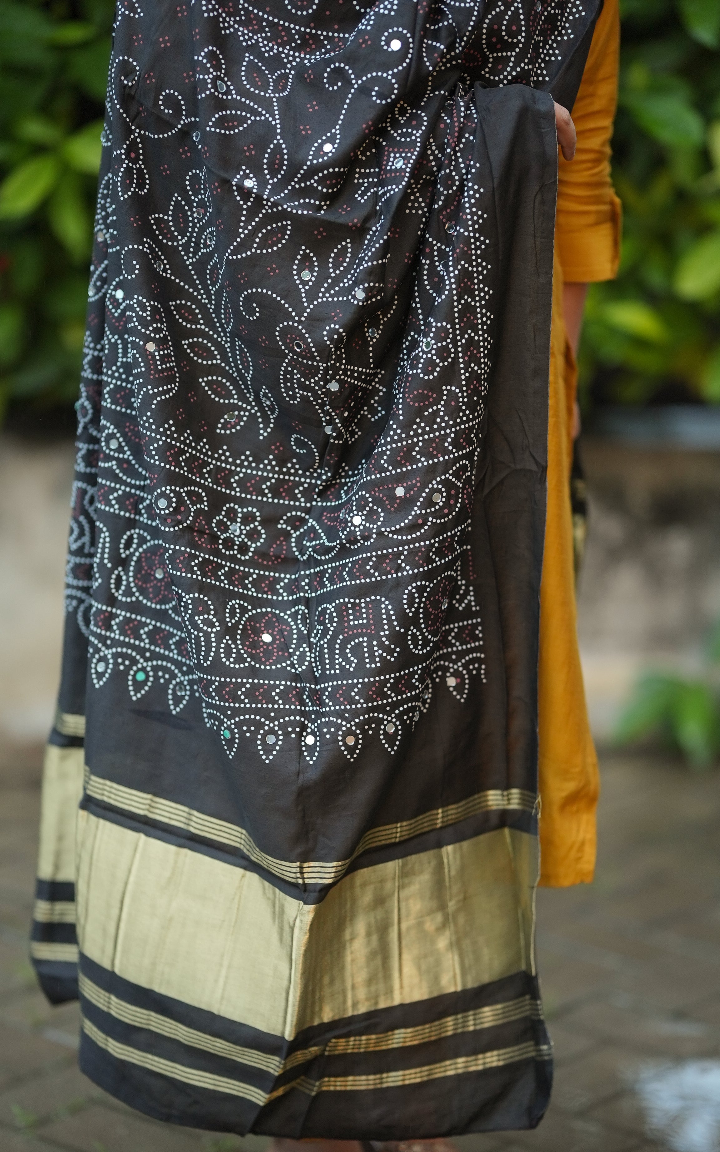 Instore – Black Bandhani Printed Dupatta for Women – Art Silk – Golden Zari Border – Ethnic Wear