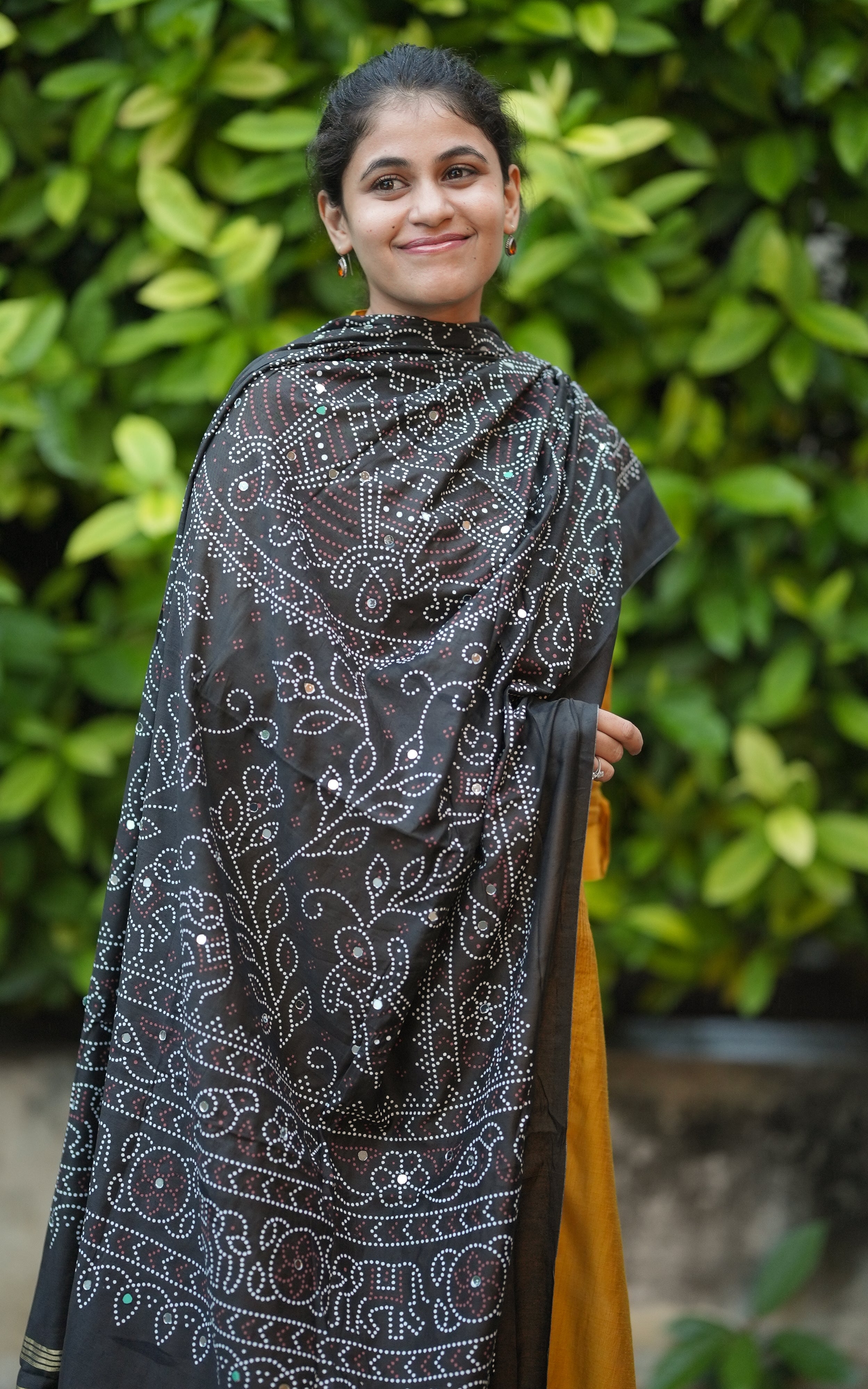 Instore – Black Bandhani Printed Dupatta for Women – Art Silk – Golden Zari Border – Ethnic Wear