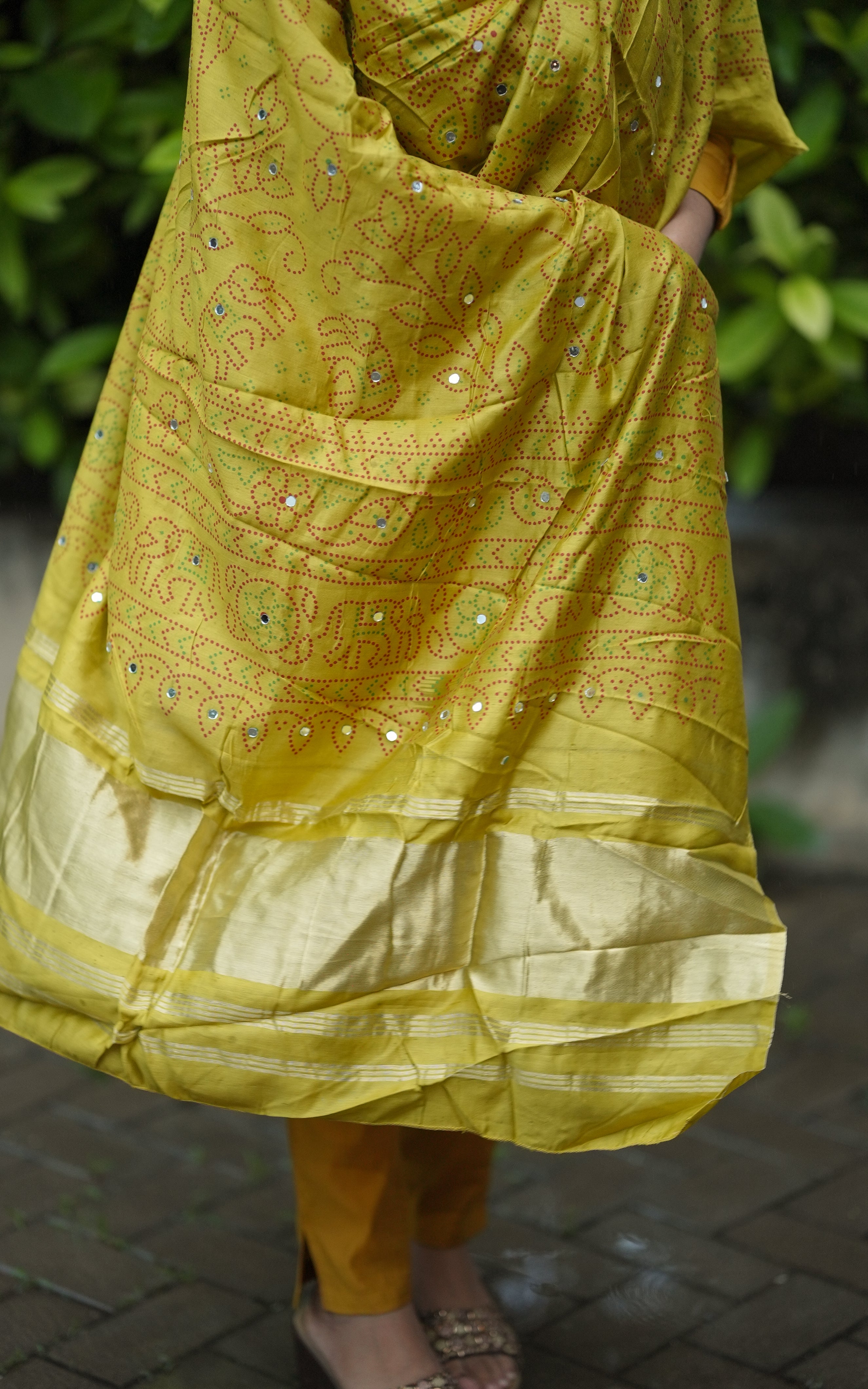 Instore – Mustard Bandhani Printed Dupatta for Women – Art Silk – Golden Zari Border – Ethnic Wear