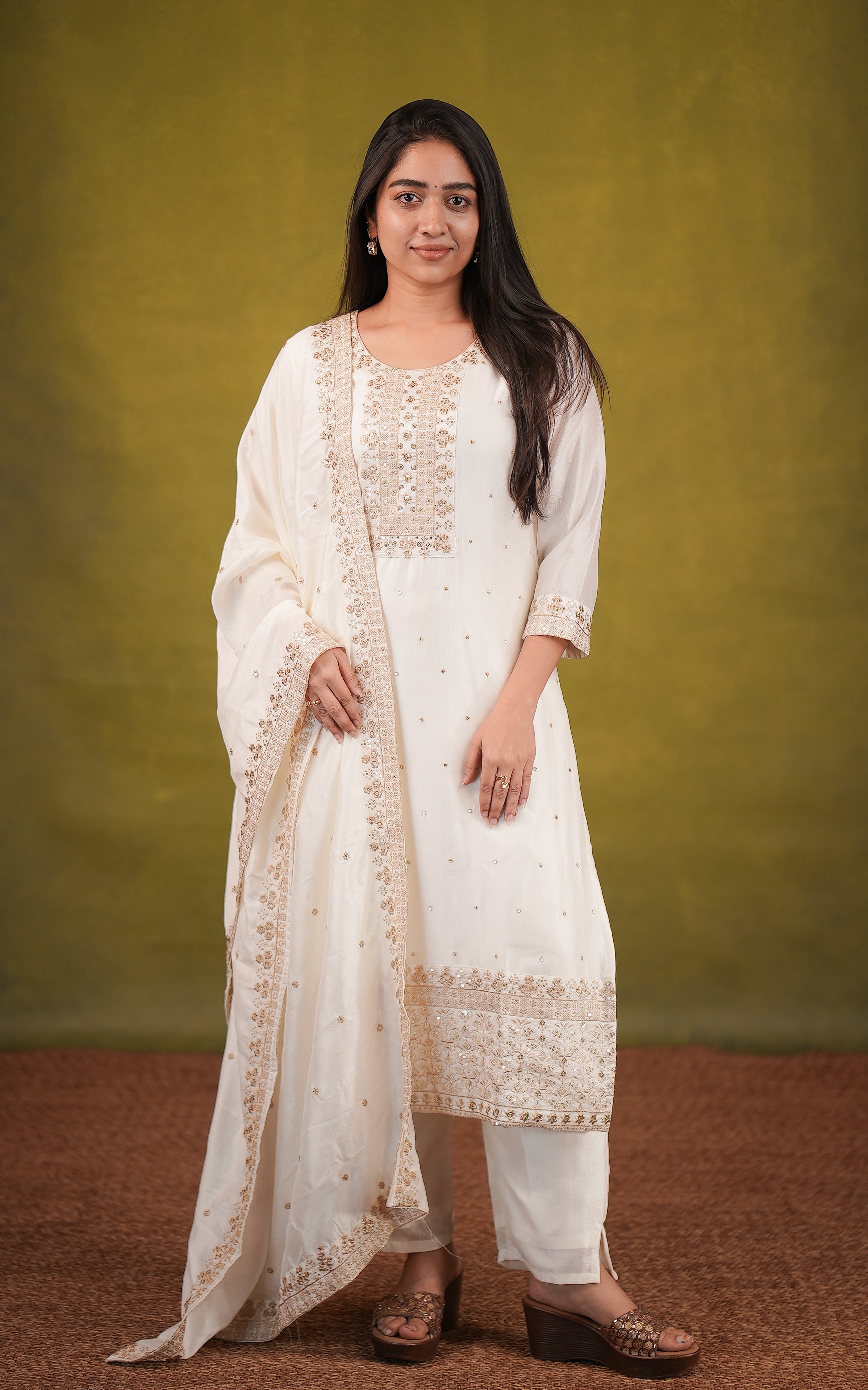 Instore-Cream Art Silk Straight Cut Kurti with Side Slit Featuring Gold Zari Embroidery with Sequin Work Straight Fit Pant with Full Elastic Waistband Gold Zari Embroidery Dupatta with Sequin Work
