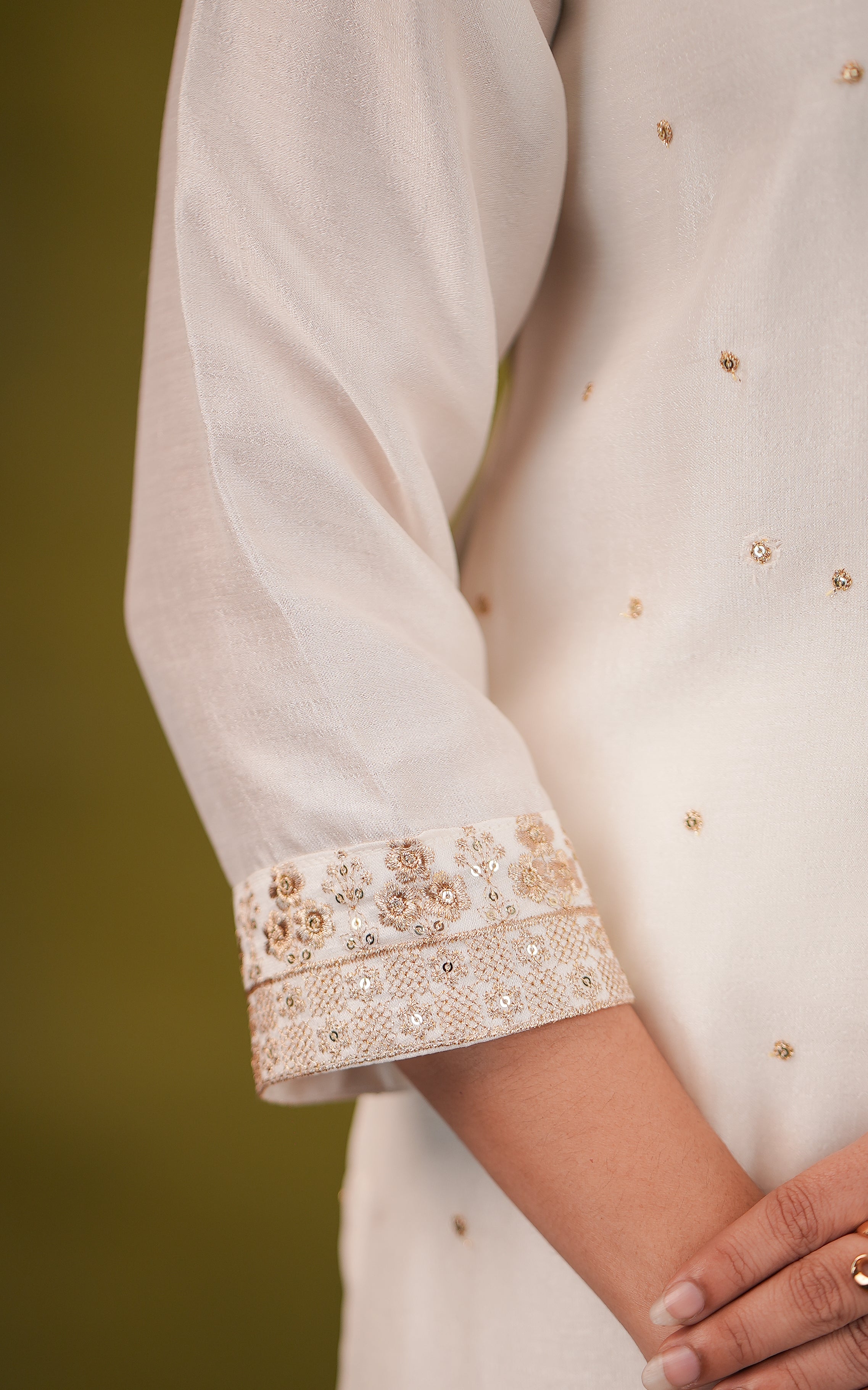 Instore-Cream Art Silk Straight Cut Kurti with Side Slit Featuring Gold Zari Embroidery with Sequin Work Straight Fit Pant with Full Elastic Waistband Gold Zari Embroidery Dupatta with Sequin Work