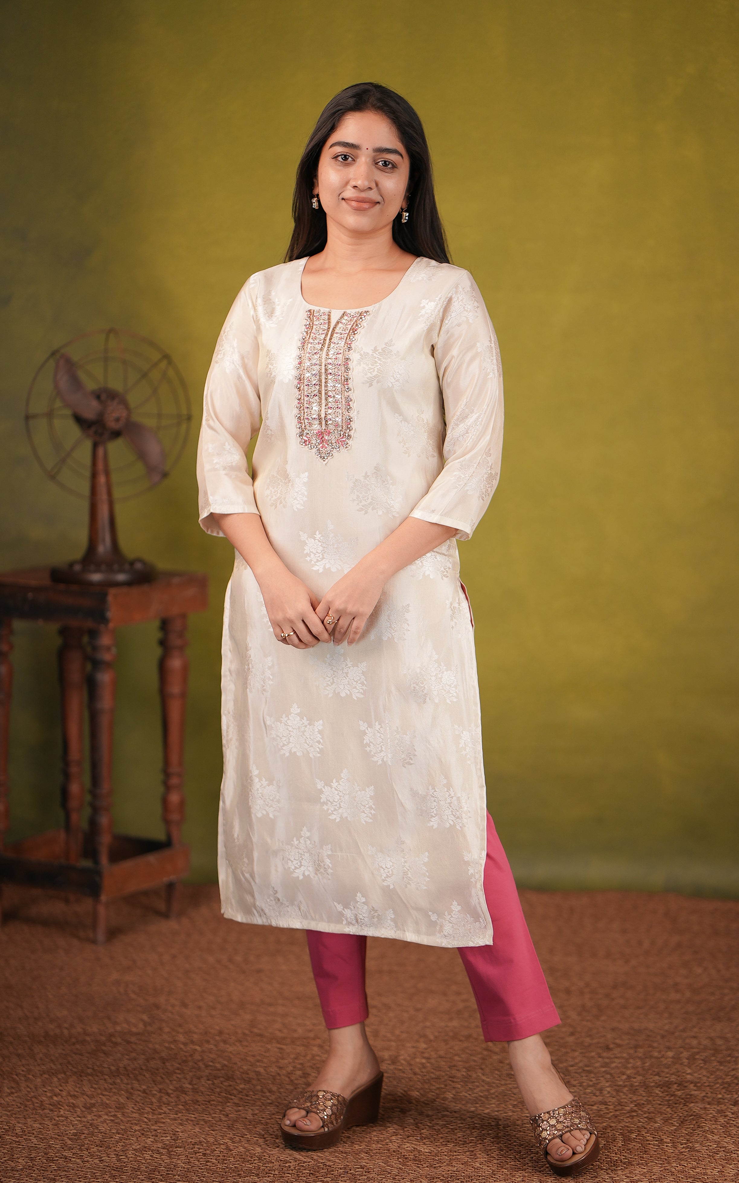 Straight Cut Kurti with Side Slit Featuring Gold Zari Embroidery with Mirror and Stone Work