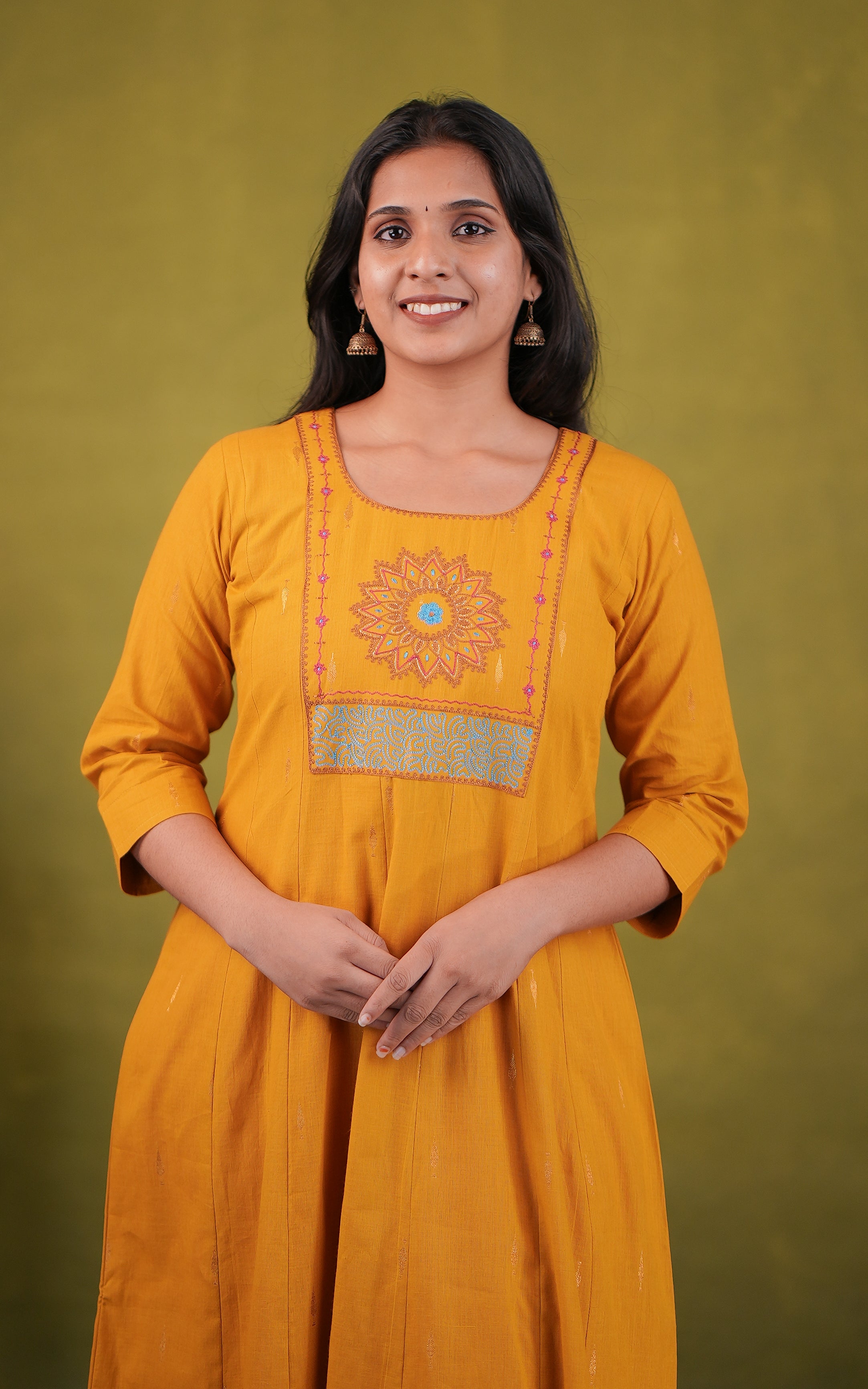 Mustard cotton round neck kurti for women