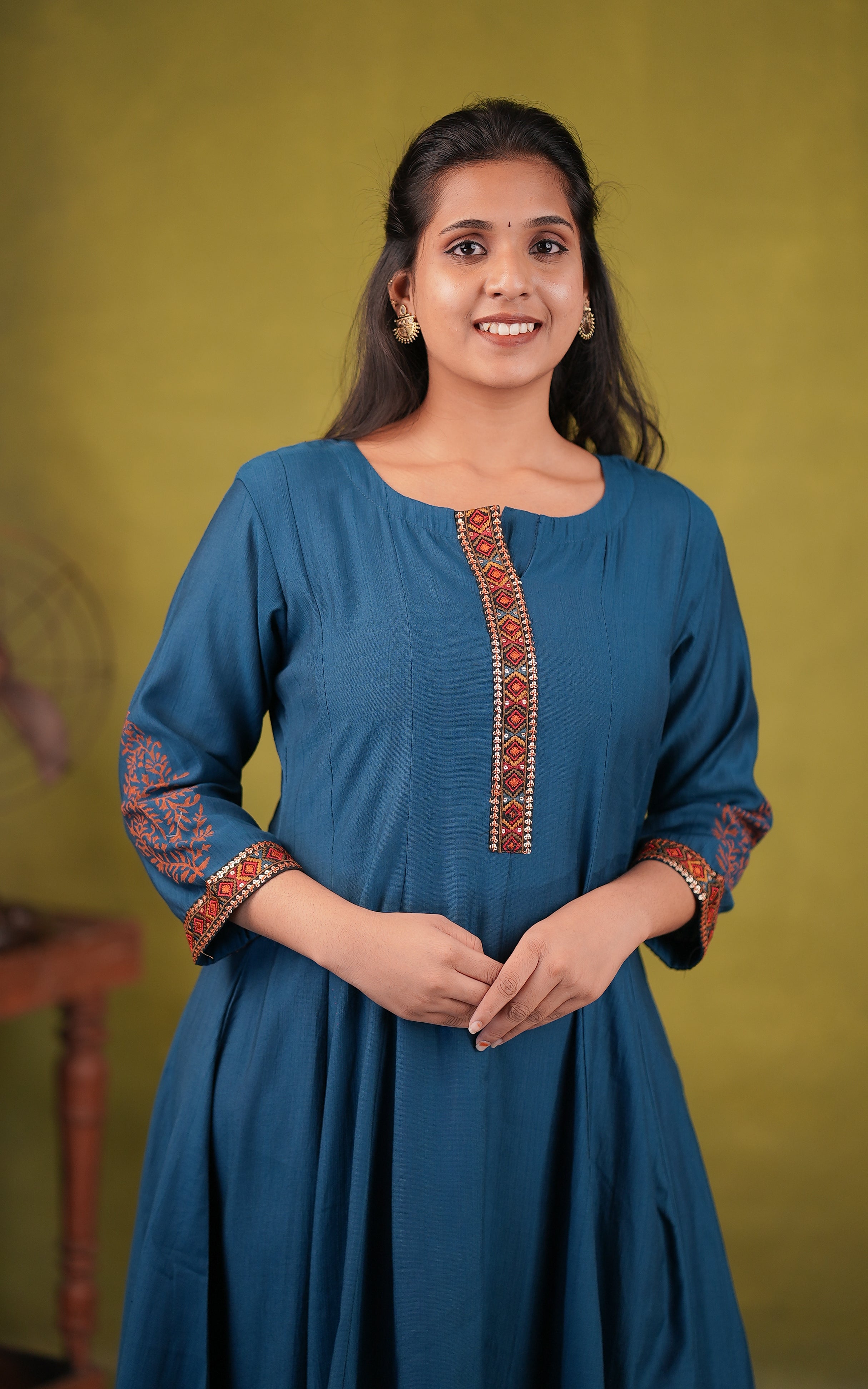 Blue cotton full flared anarkali kurti for women