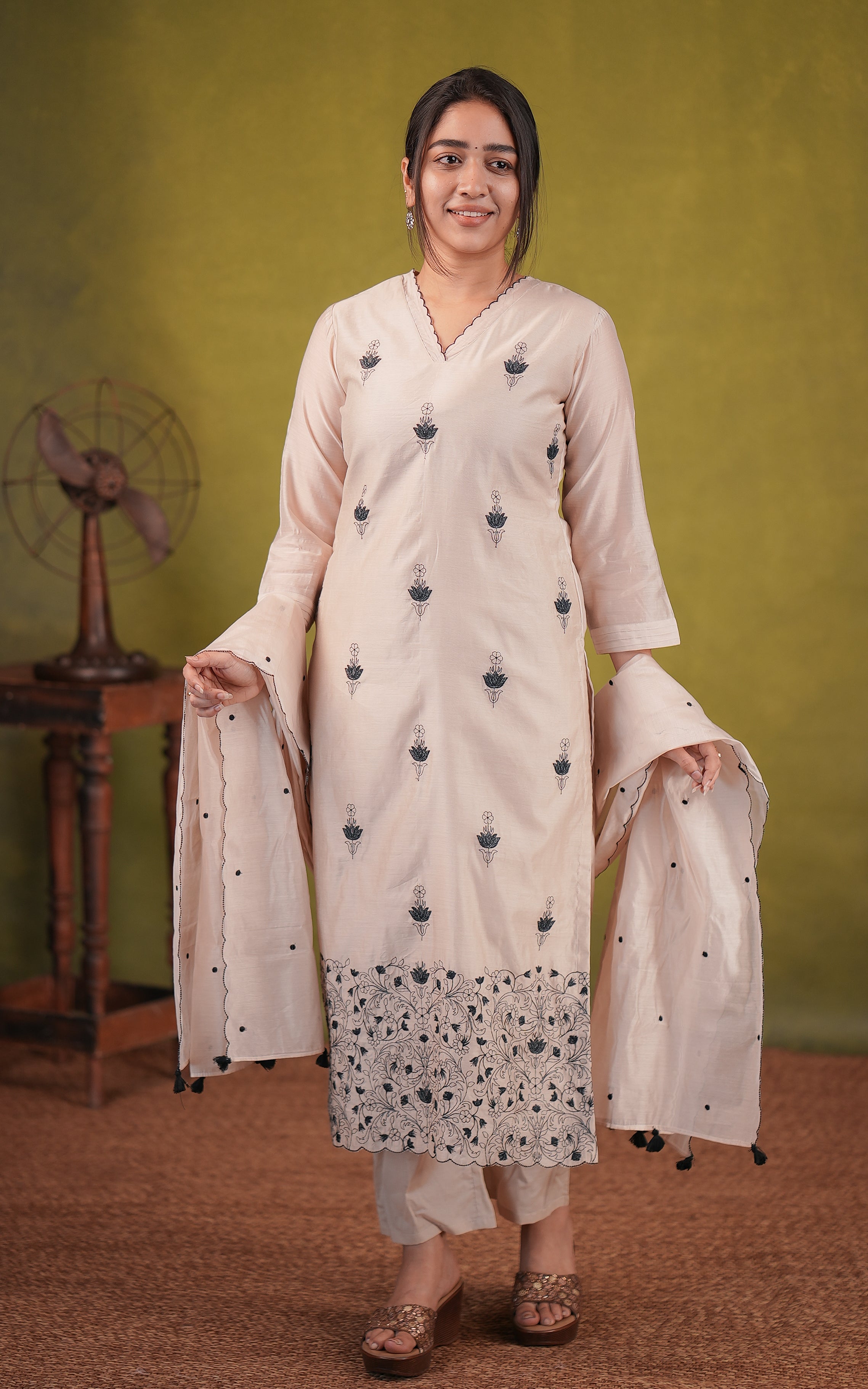 Dark off white art silk kurti with elastic waist pant for women