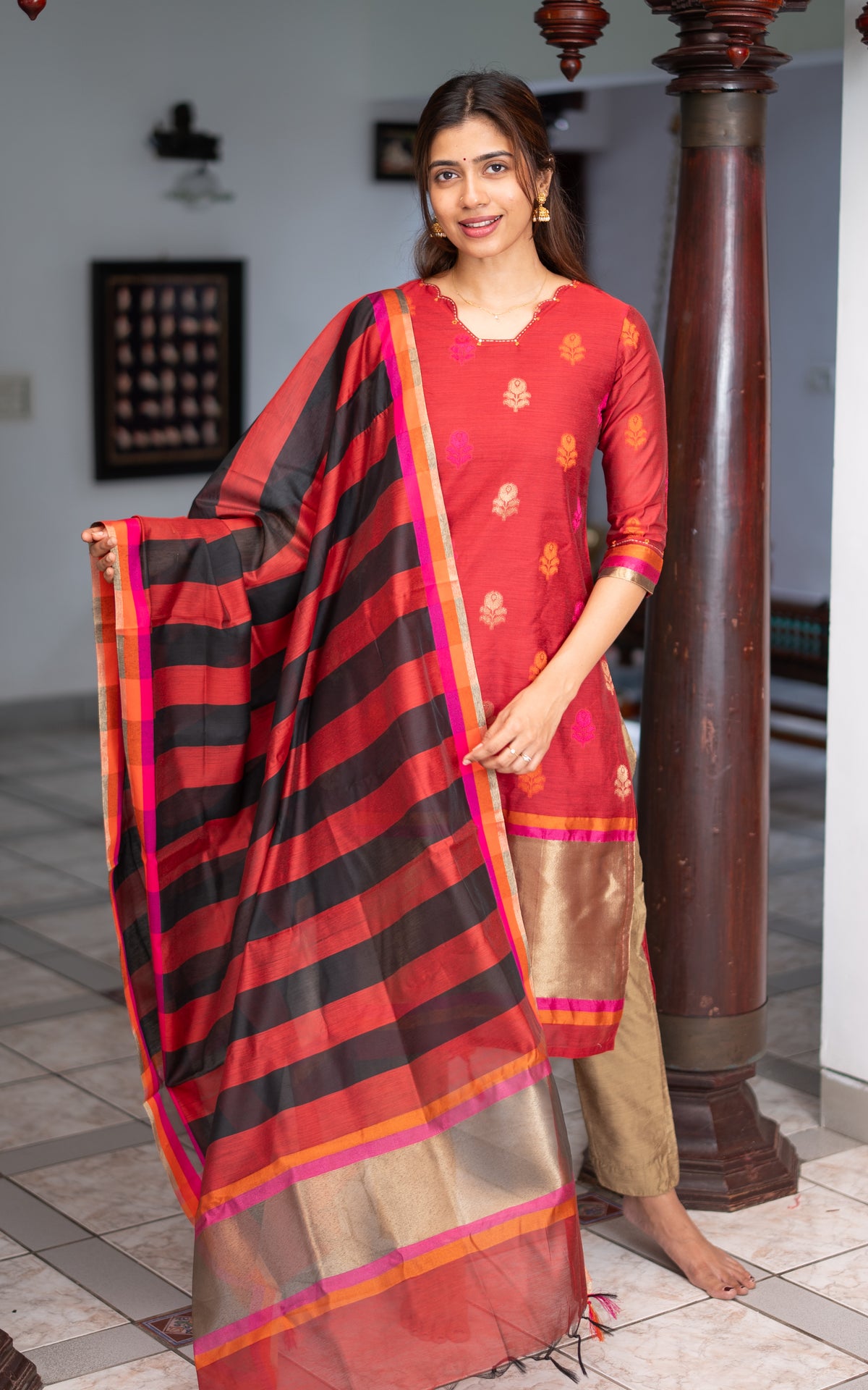 Red Art Silk Kurti with Dupatta for Women