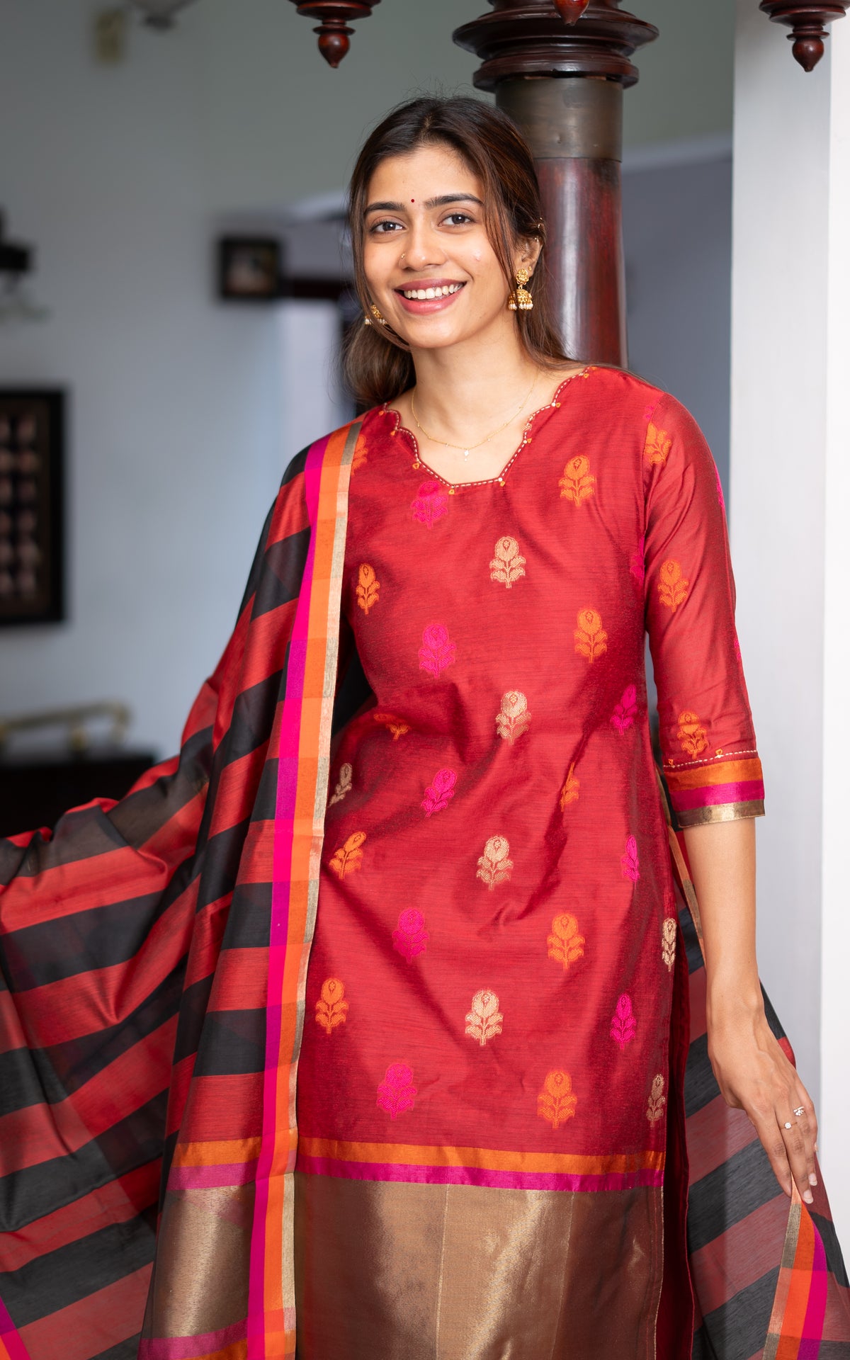 Red Art Silk Designer Kurti with Dupatta for Women