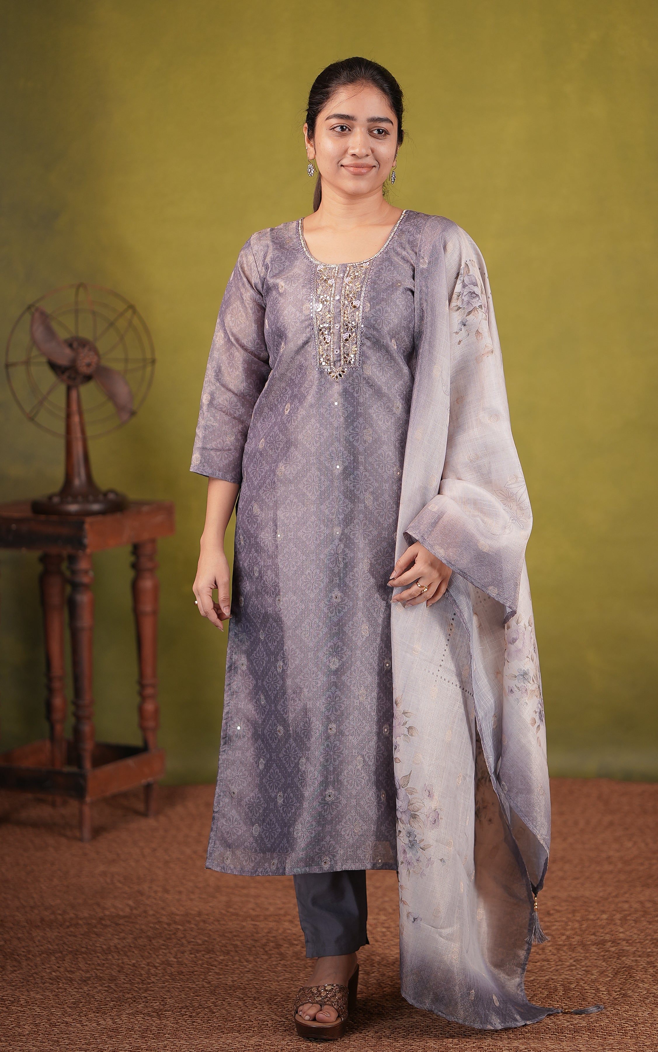 Pastel purple chanderi kurti with elastic waist pant for women