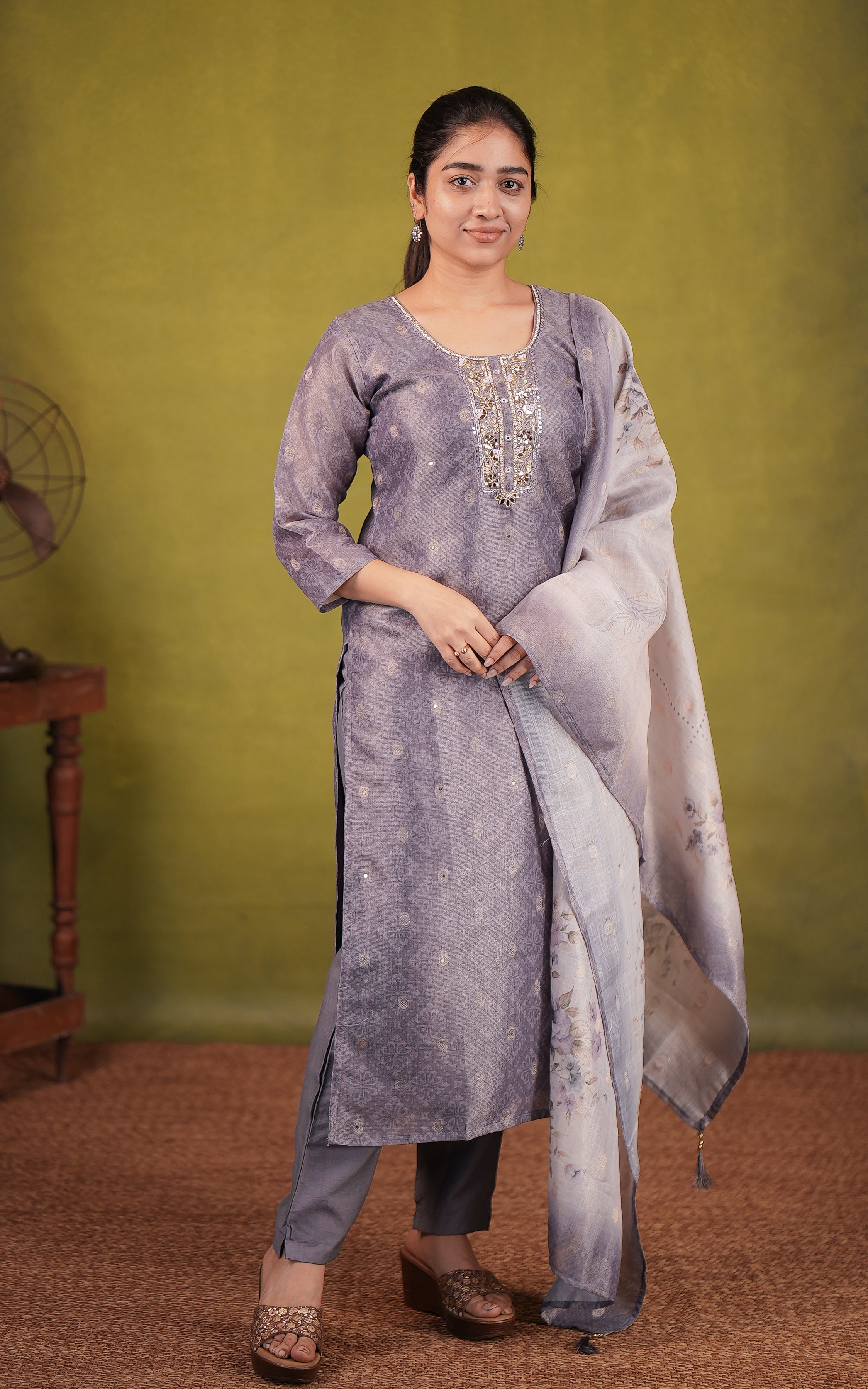 Pastel purple chanderi straight cut kurti set for women