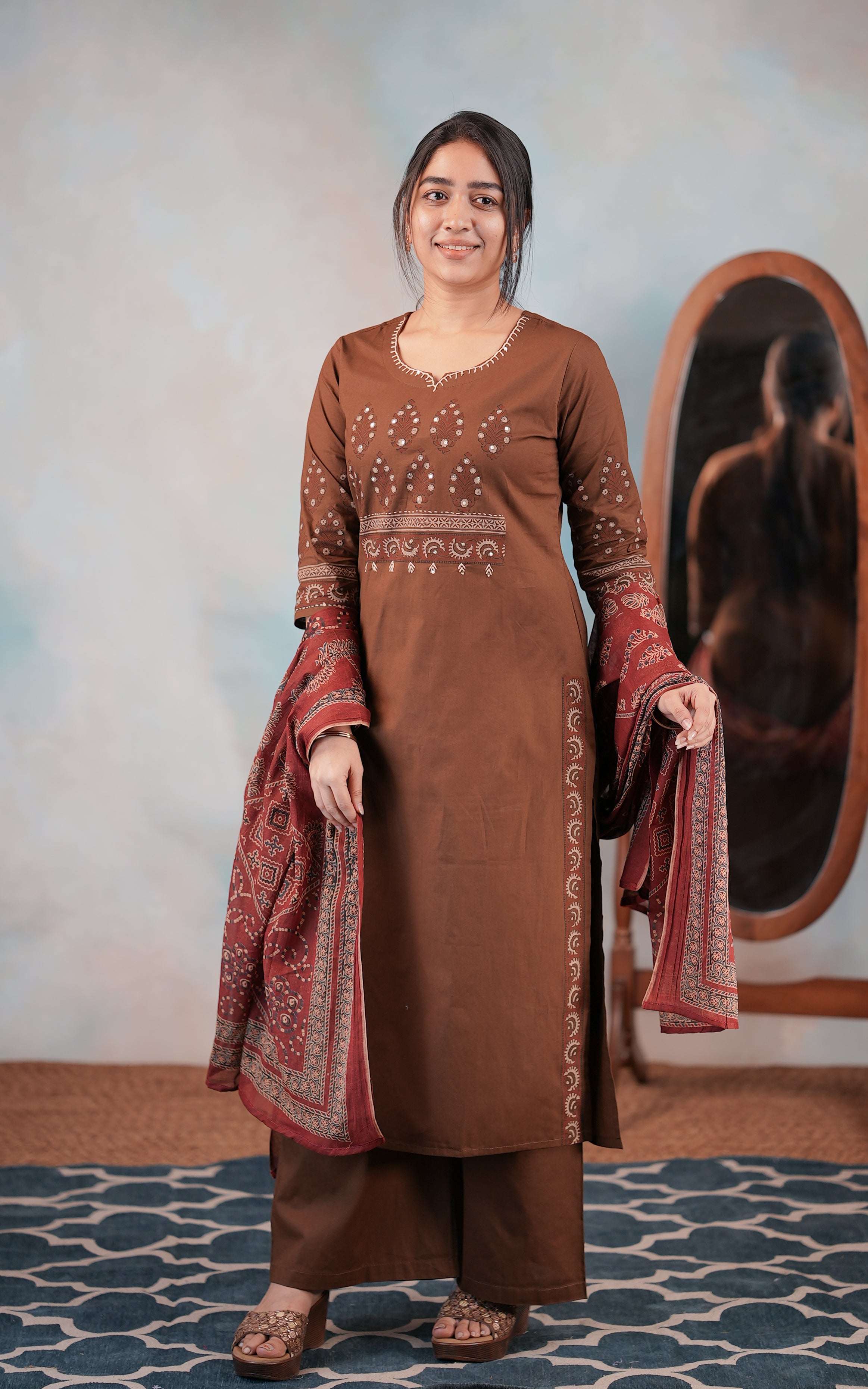 Cotton Handblock Straight Cut Kurti with Plazzo Pant & Dupatta