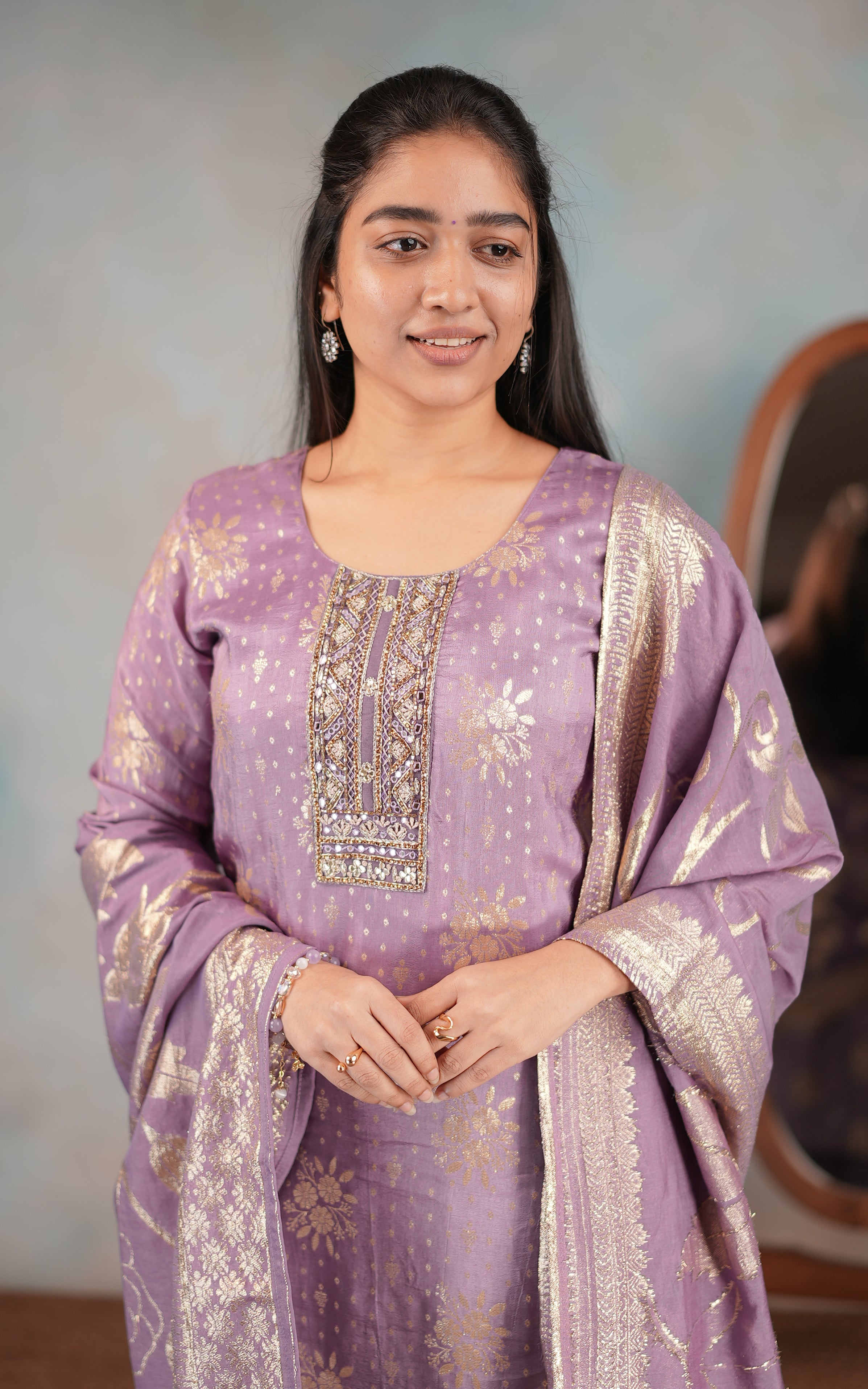Art silk embroidered neckline kurti set for women