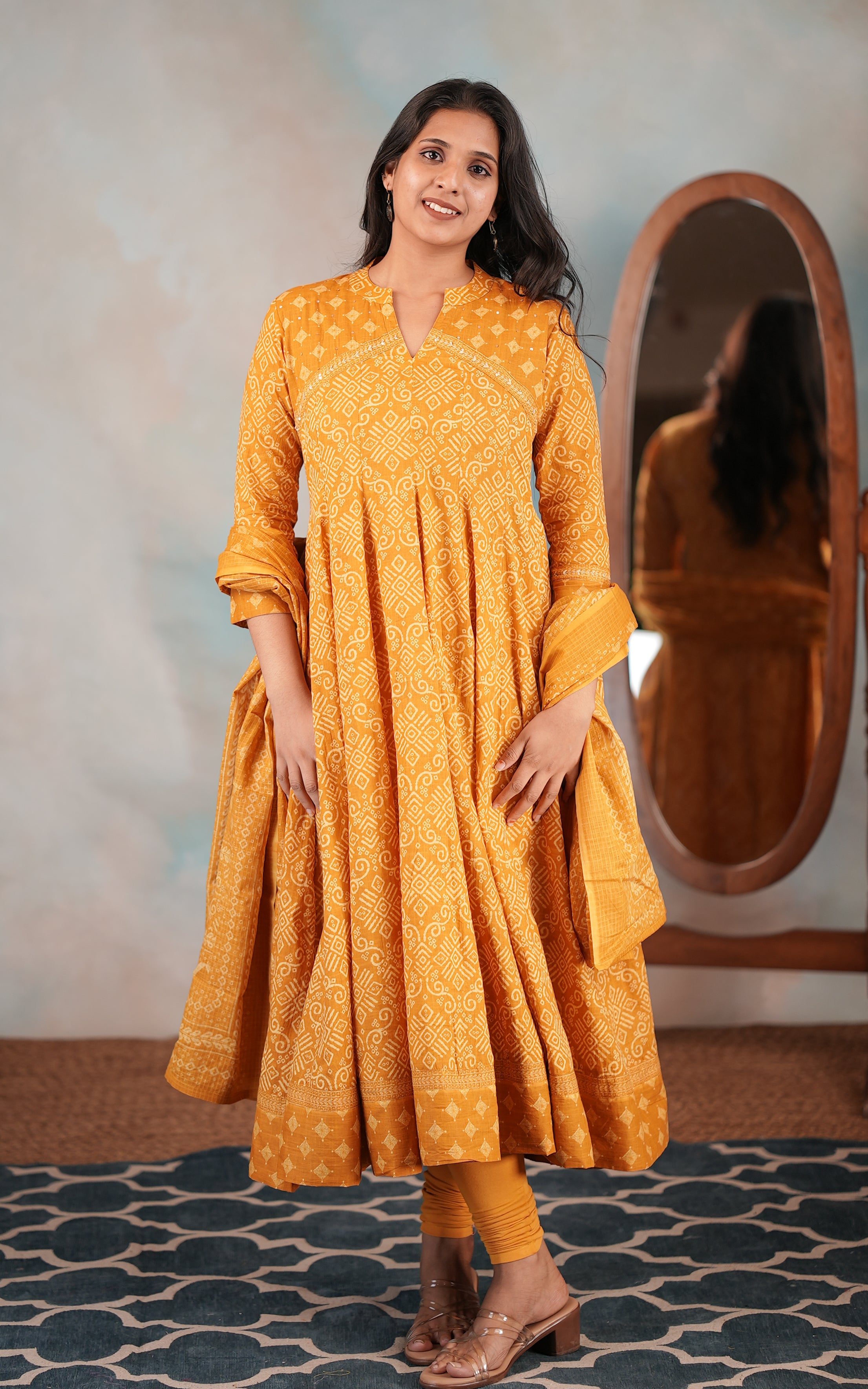 Mustard Yellow Cotton Full Flared Anarkali For Women