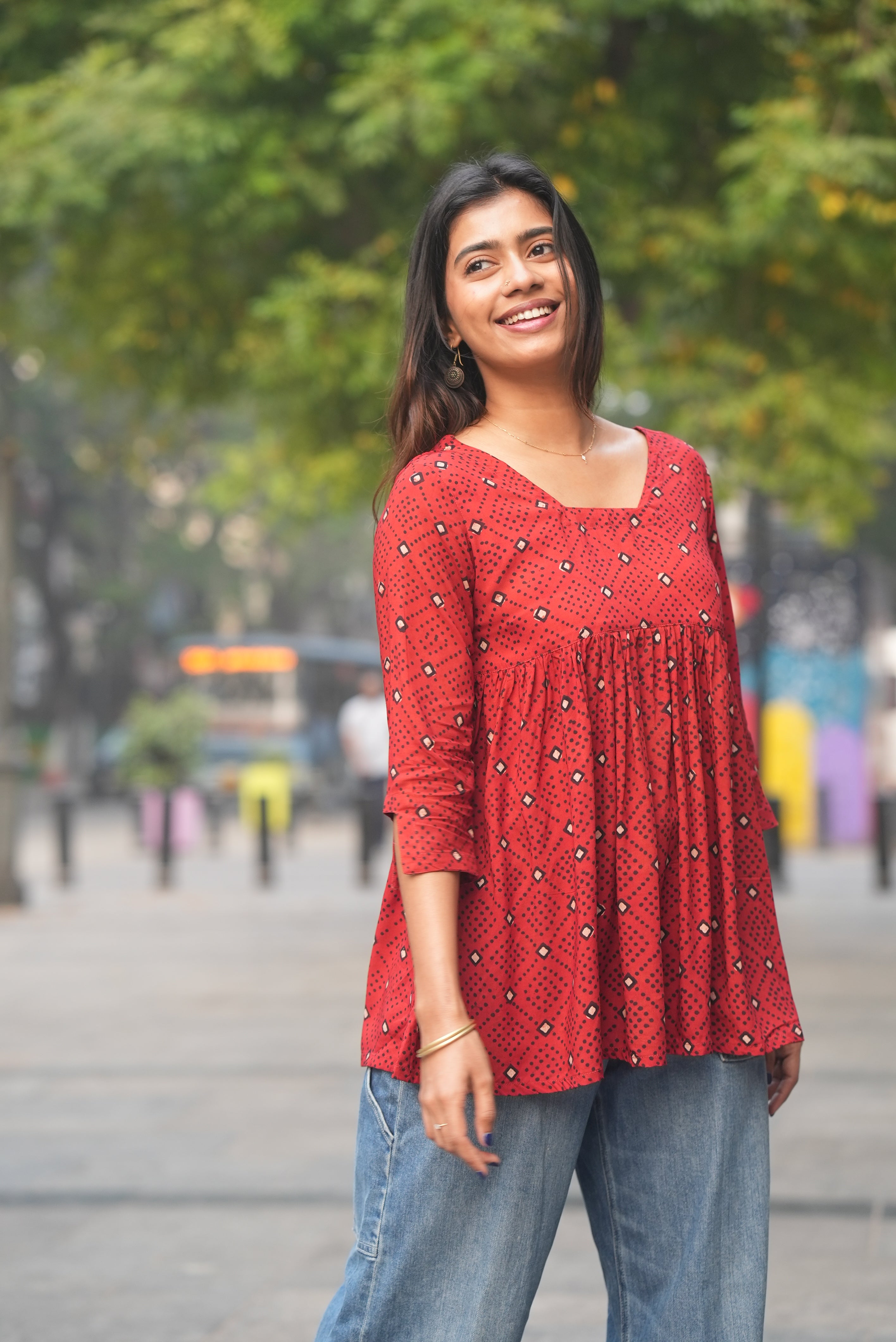Maroon block printed cotton A-line short top.
