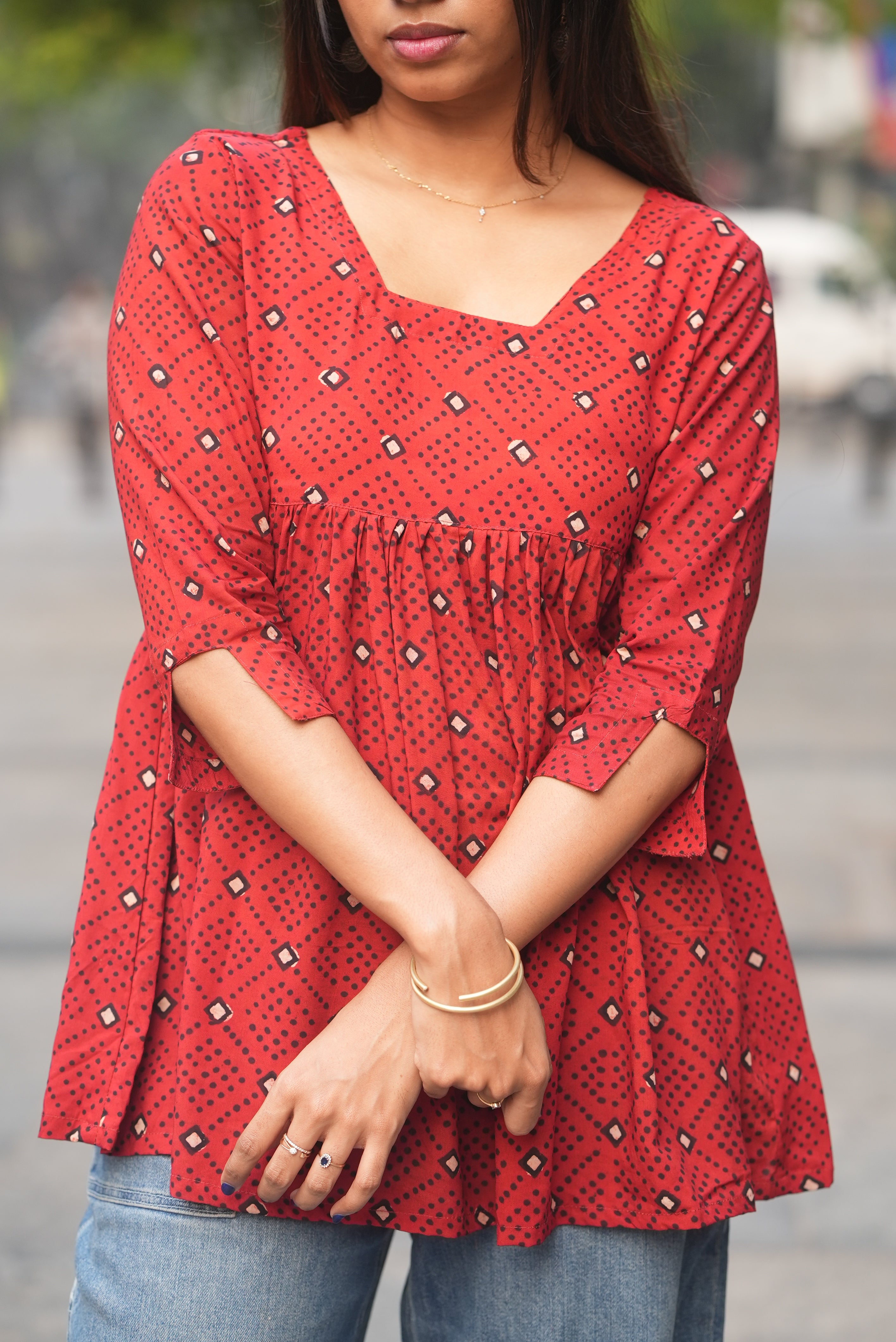 Maroon hand block print cotton flared short kurti.