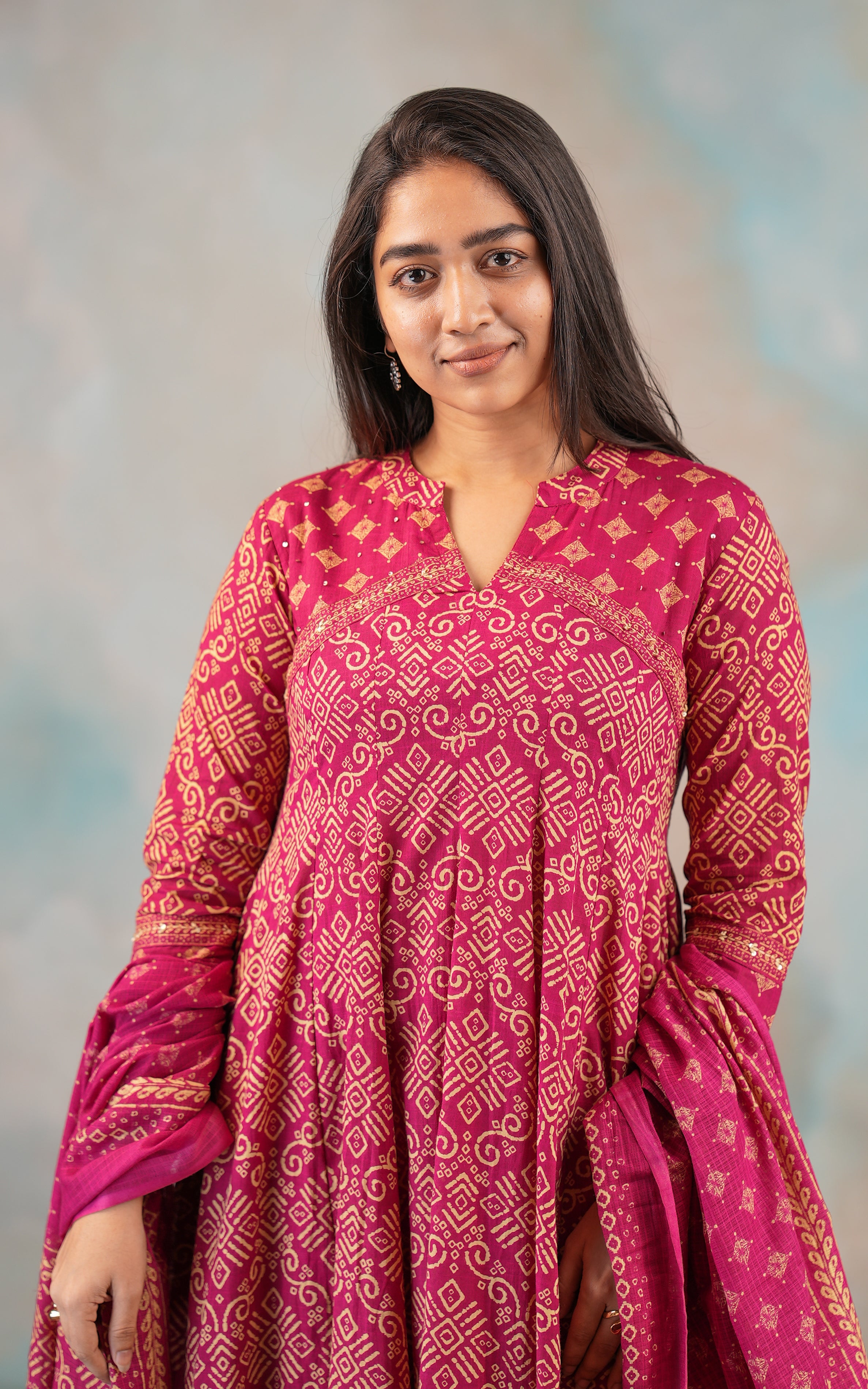 Long Dark Rani Pink Cotton Anarkali Kurti For Women