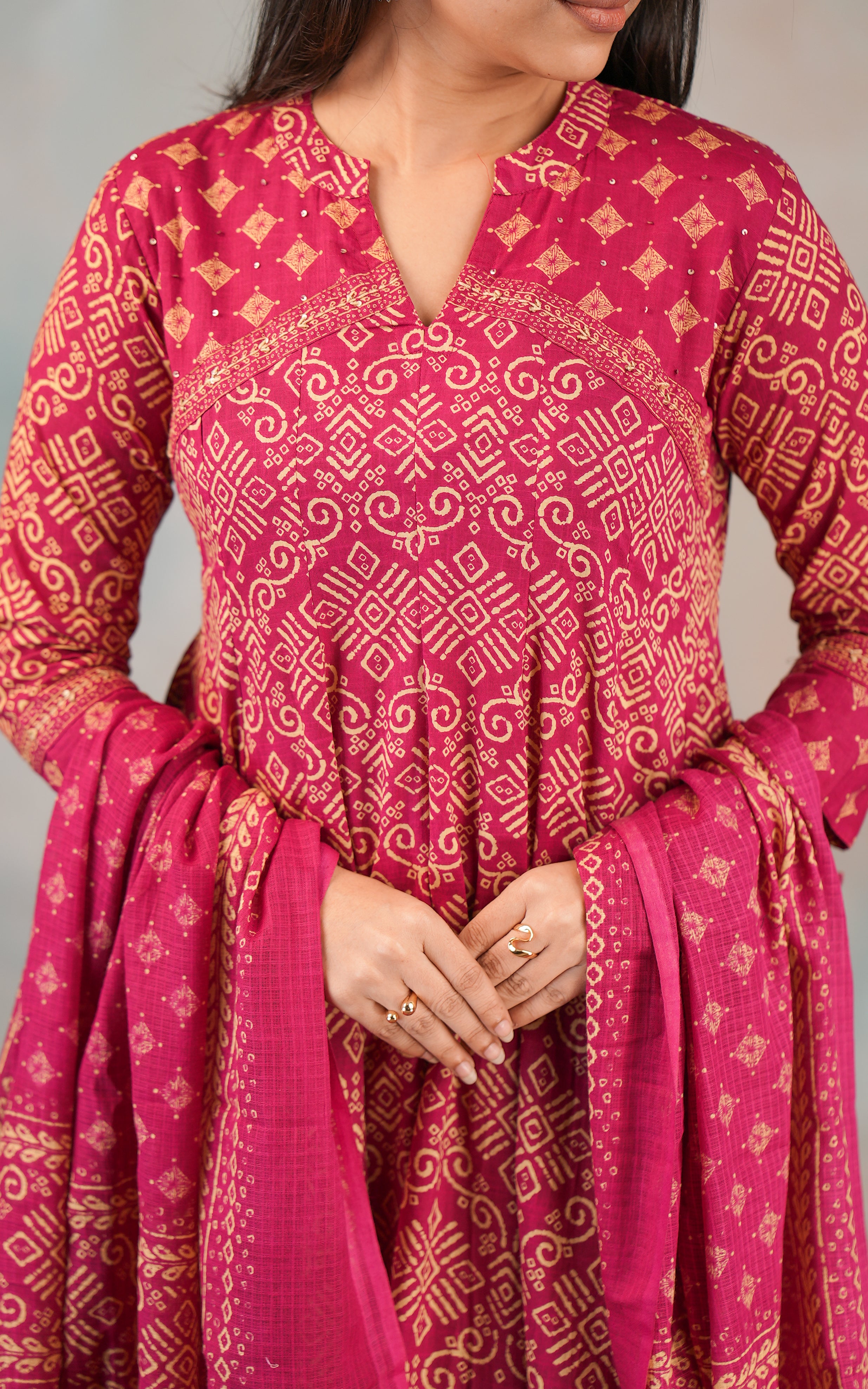 Festive Wear Dark Rani Pink Cotton Anarkali For Women