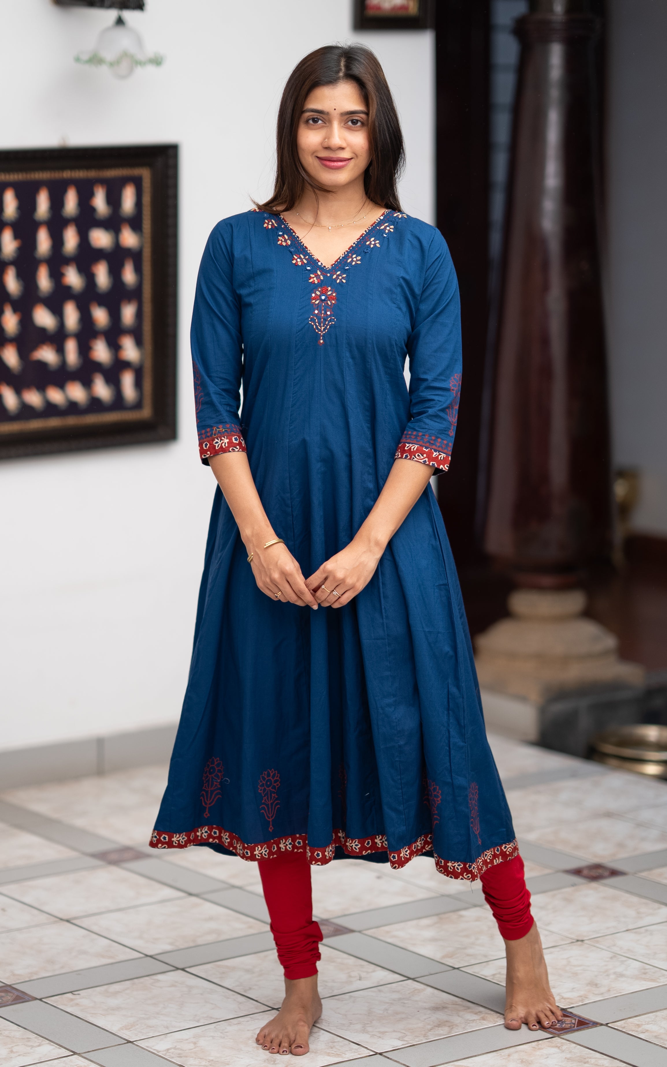 Blue Cotton Casual Wear Flared Anarkali Kurti for Women