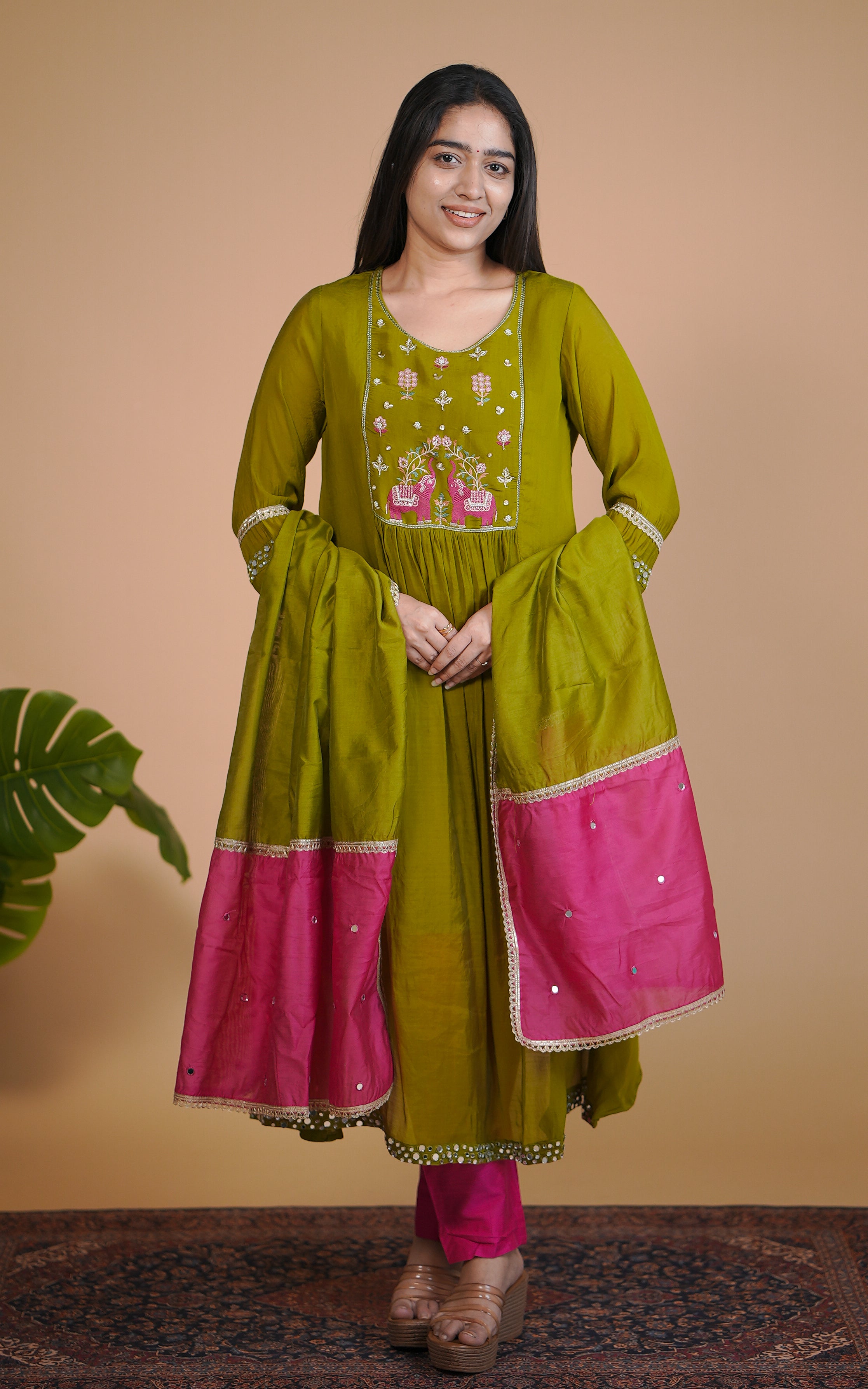 Instore – Olive Green Aira Kurti with Dupatta for Women – Art Silk – Festive Ethnic Wear