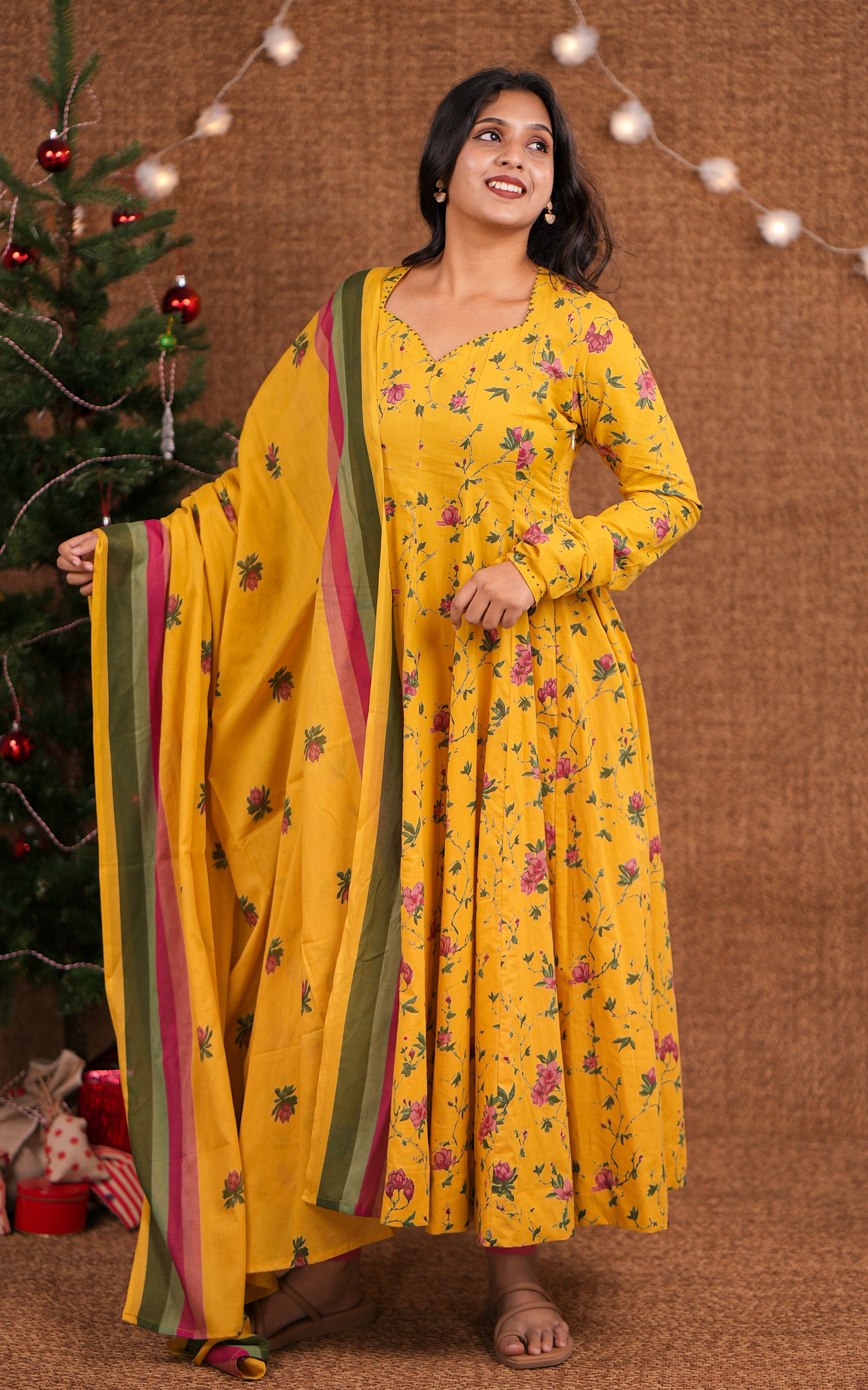 Instore - Mustard Color Cotton Gathered Sleeve Full Flared Anarkali Kurti with Cotton Dupatta & No Lining
