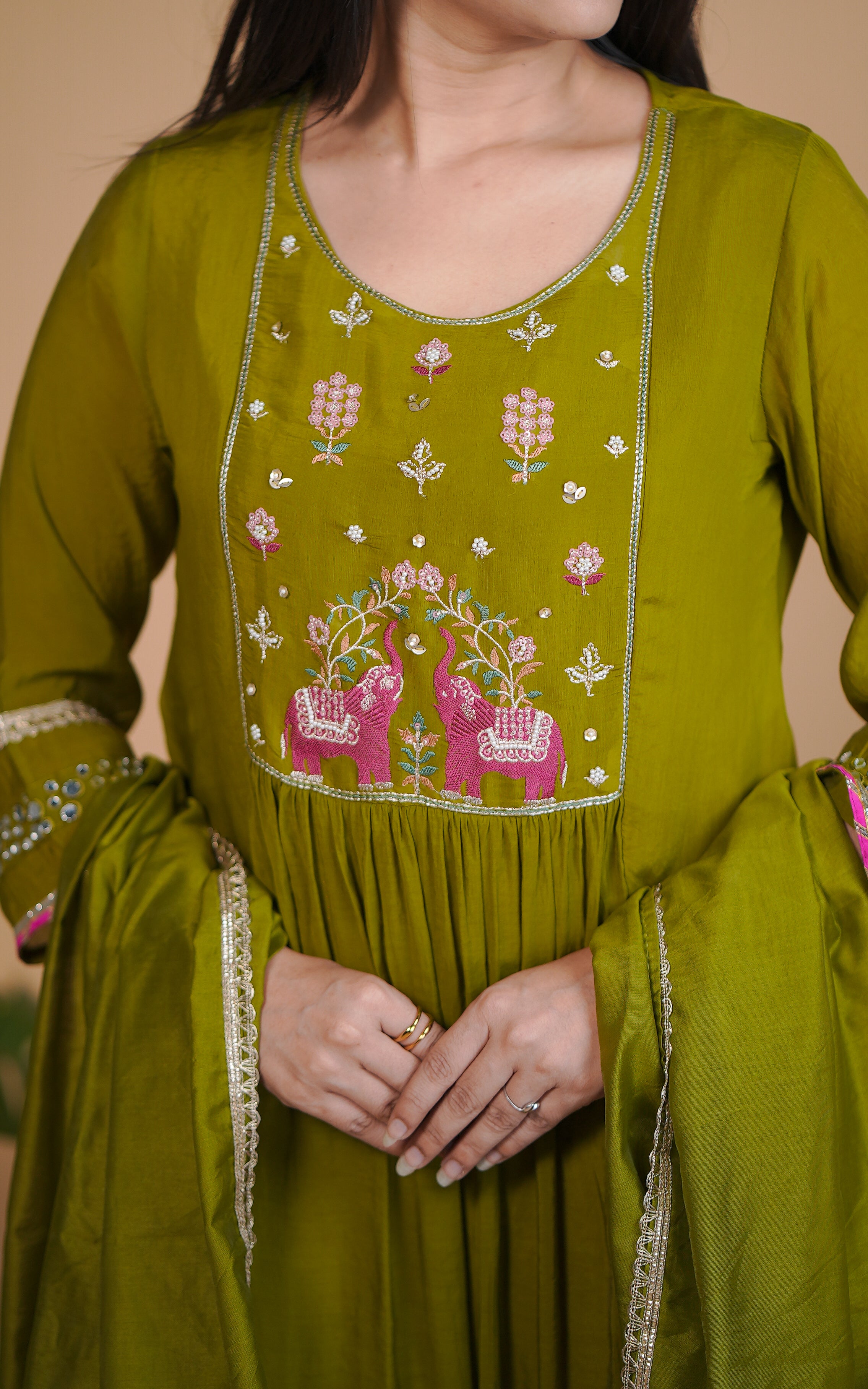 Instore – Olive Green Aira Kurti with Dupatta for Women – Art Silk – Festive Ethnic Wear