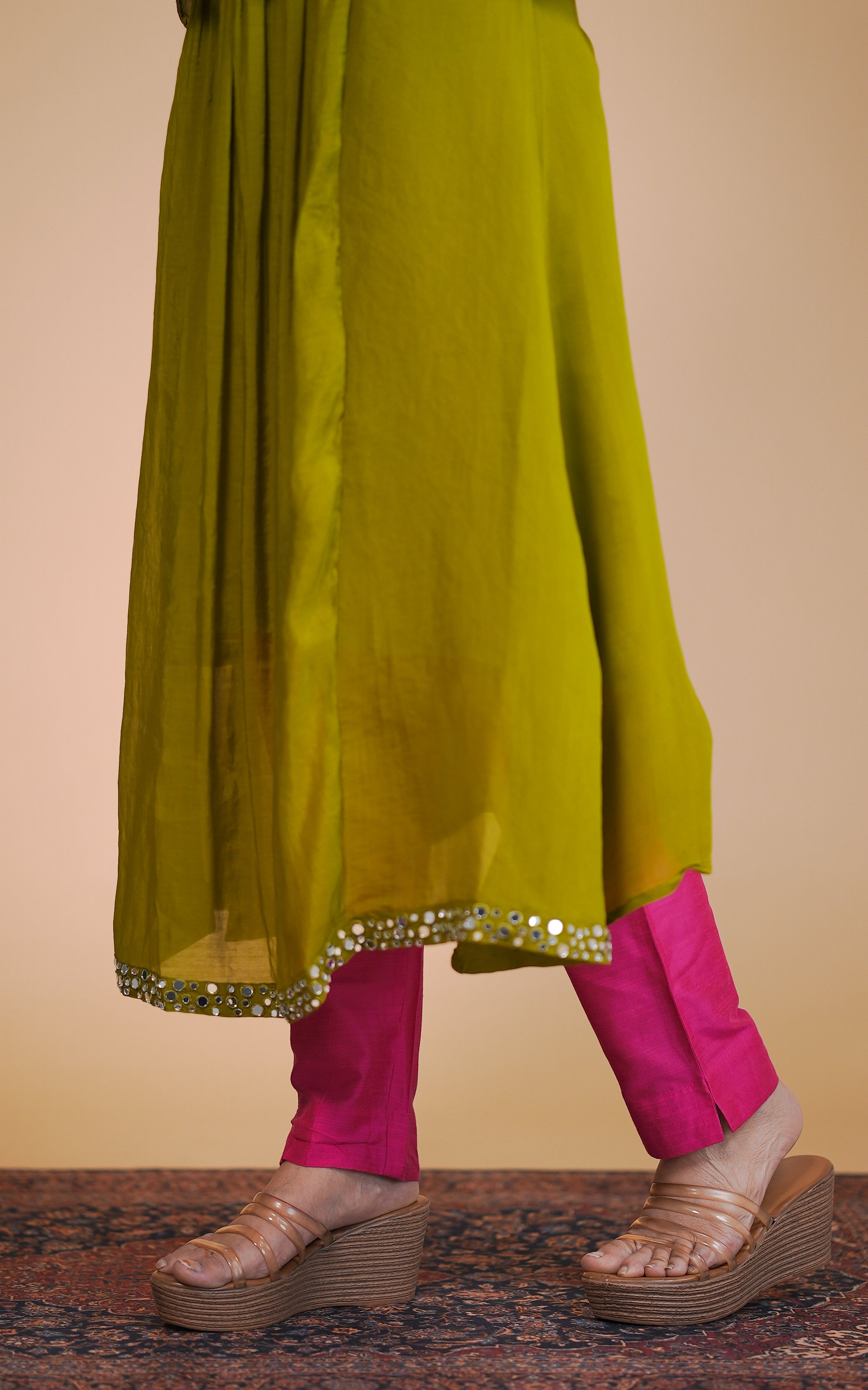 Instore – Olive Green Aira Kurti with Dupatta for Women – Art Silk – Festive Ethnic Wear