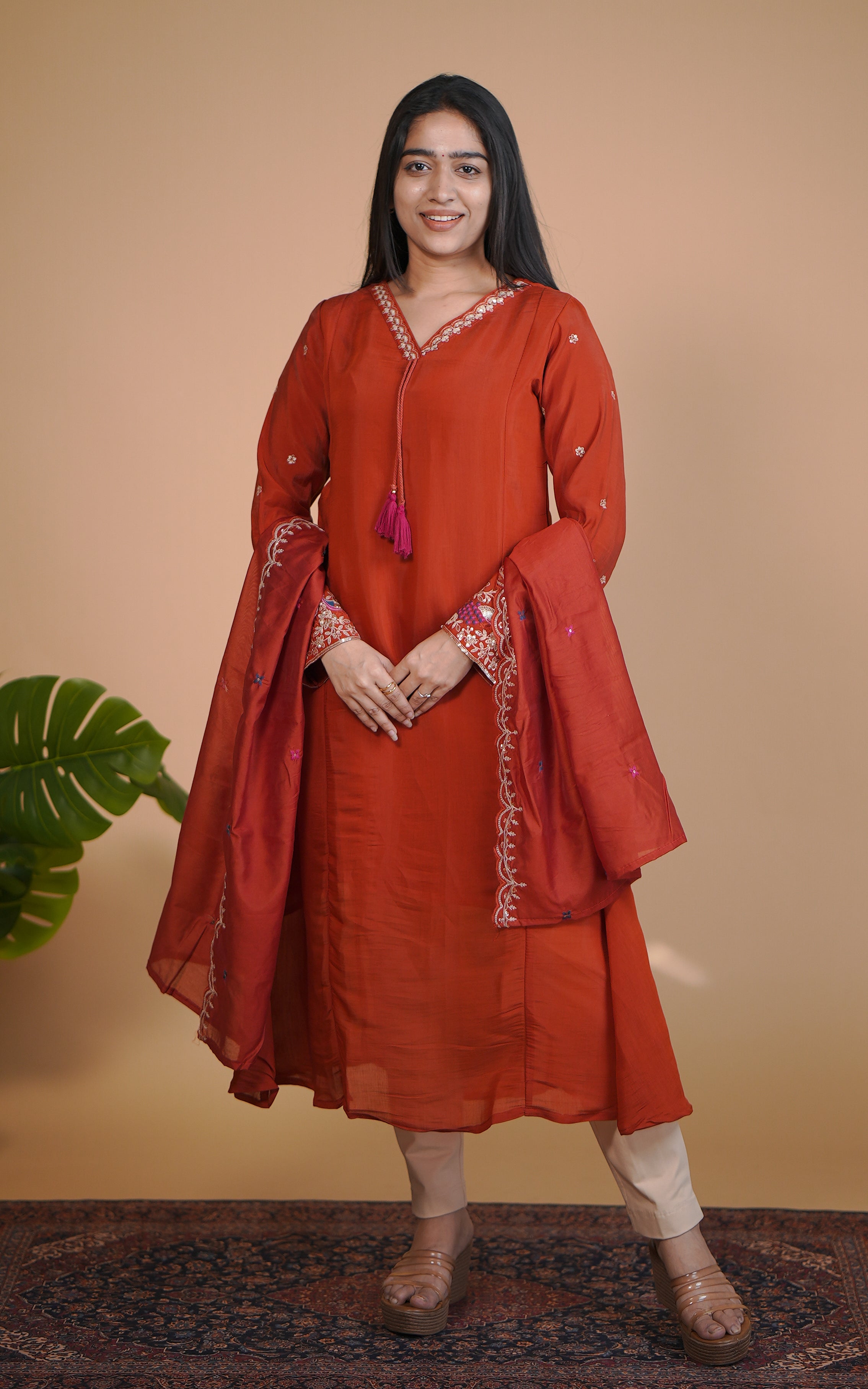 Instore – Rust Tejasvi Kurti with Dupatta for Women – Art Silk – Festive Ethnic Wear