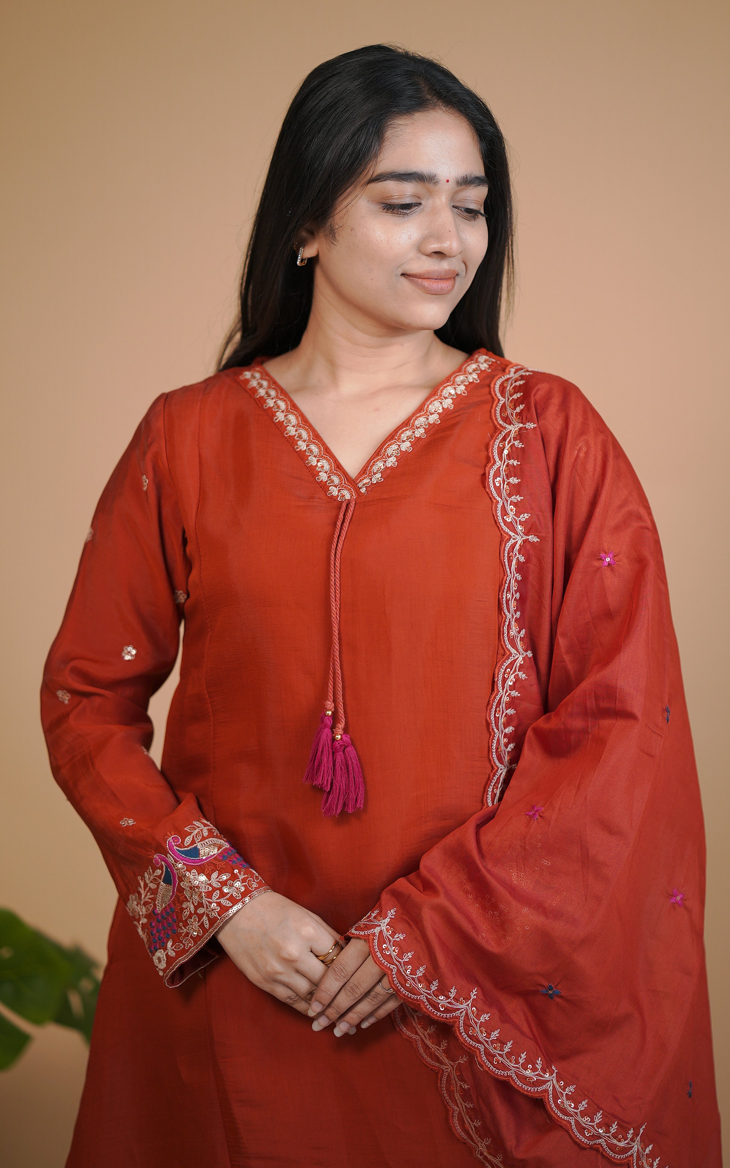 Instore – Rust Tejasvi Kurti with Dupatta for Women – Art Silk – Festive Ethnic Wear