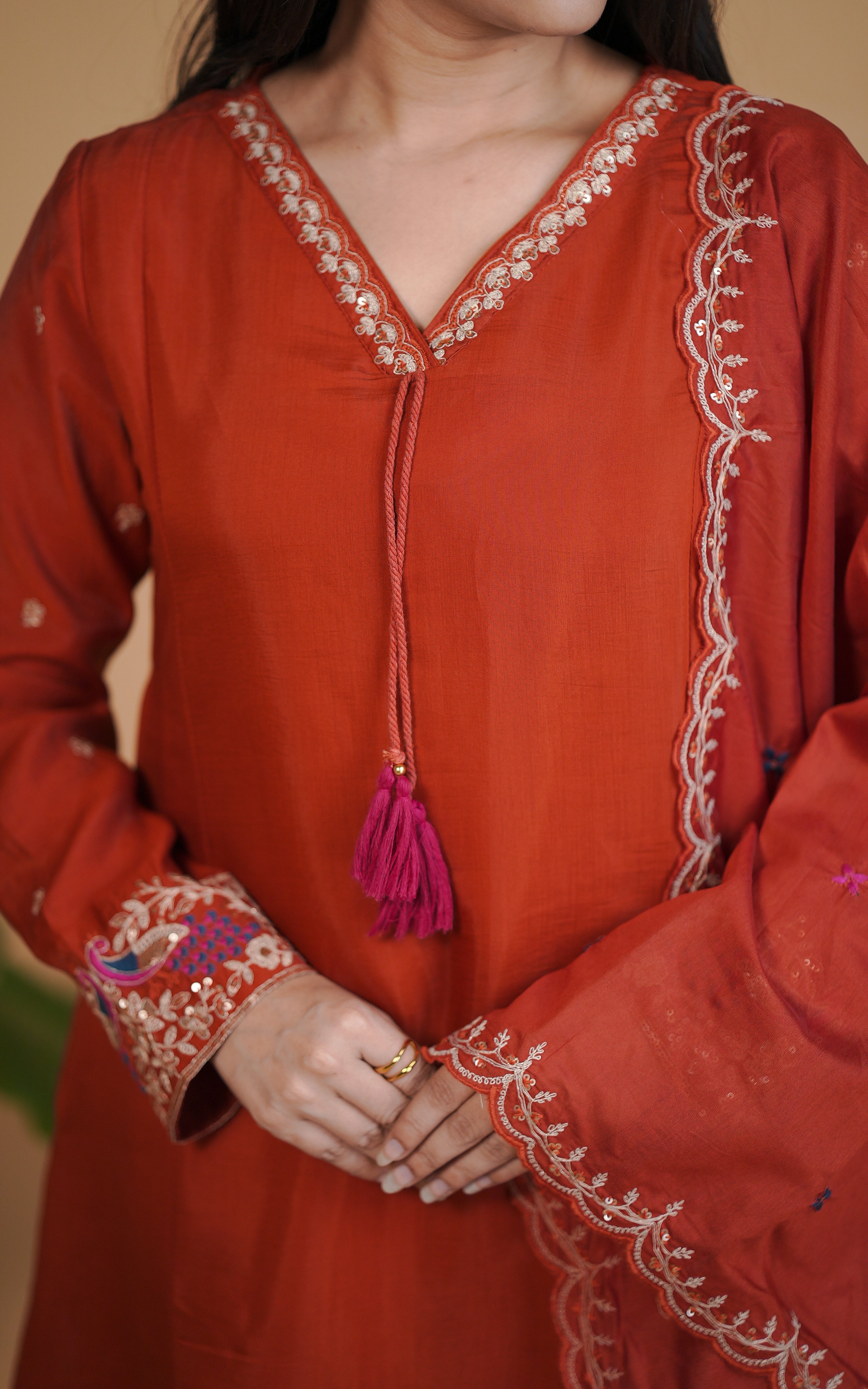 Instore – Rust Tejasvi Kurti with Dupatta for Women – Art Silk – Festive Ethnic Wear
