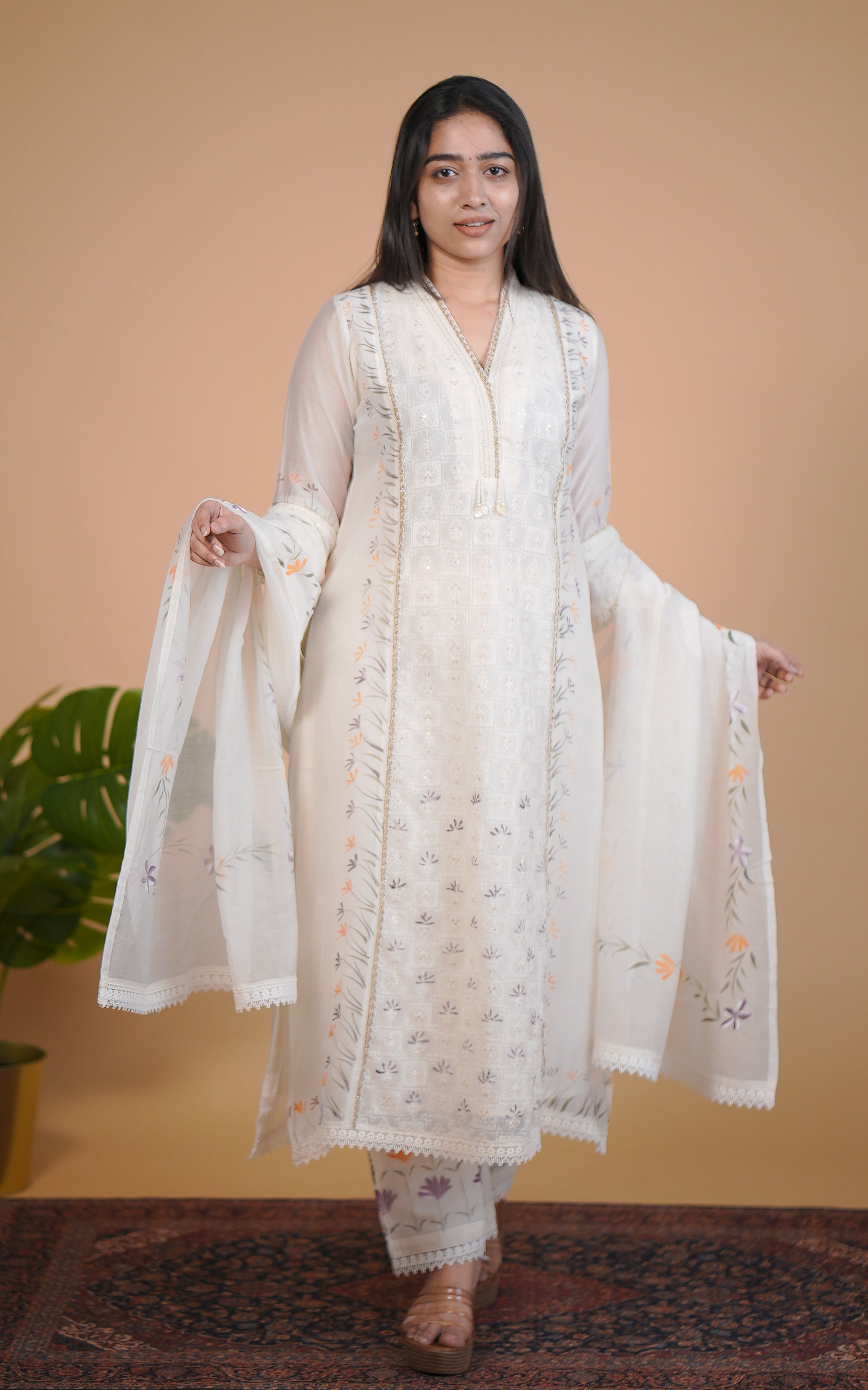 Instore – Ivory Blossom Kurti Pant Dupatta Set for Women – Chanderi Silk – Festive Ethnic Wear