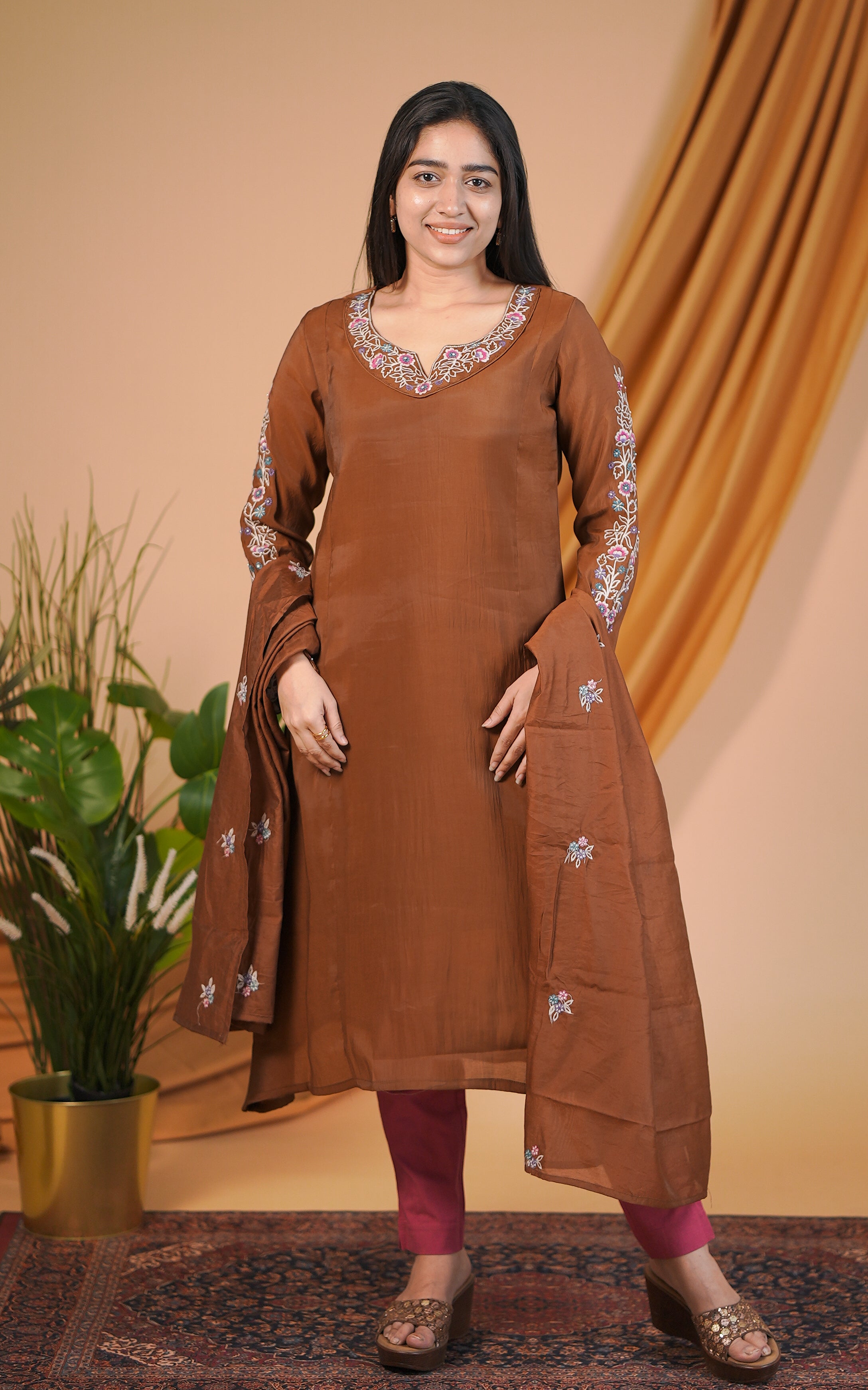 Brown art silk kurti set for women