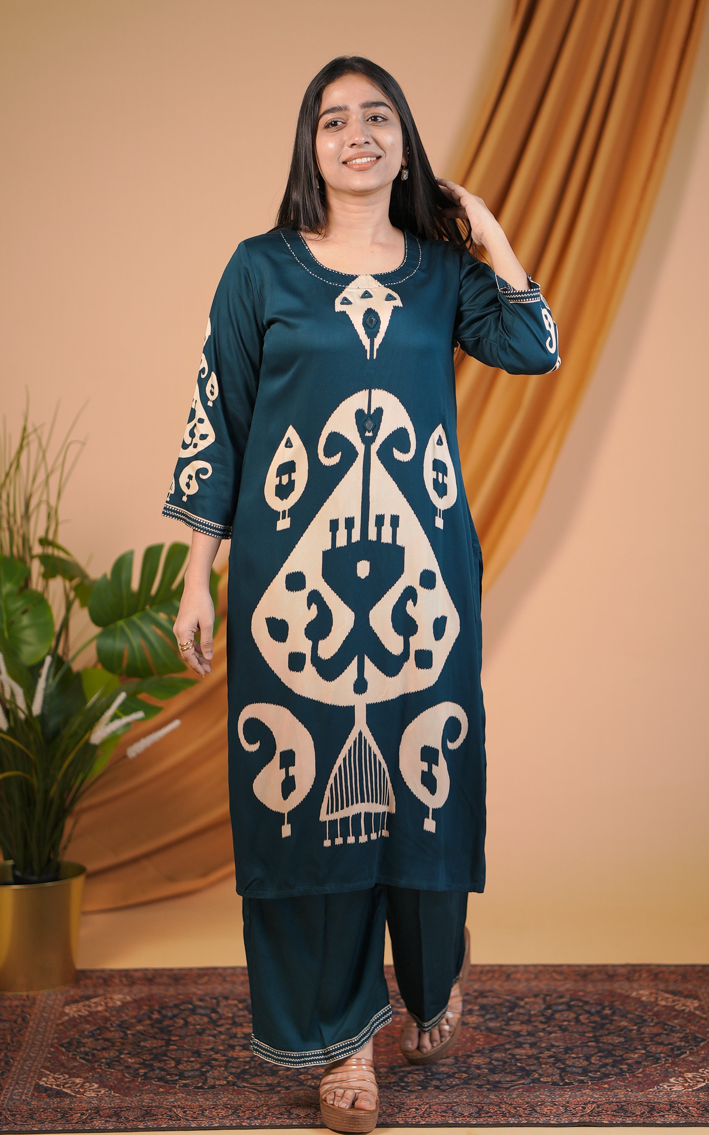 Elegant silky rayon mirror work kurti set for women