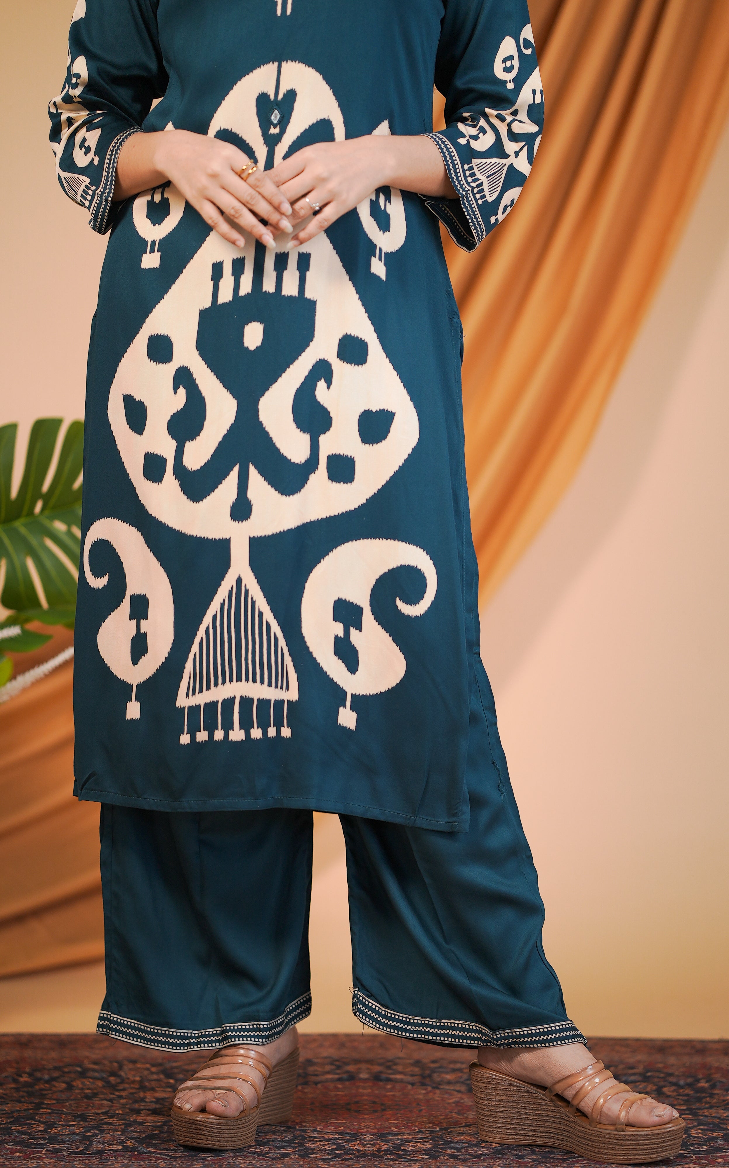 Peacock blue silky rayon kurti set for women