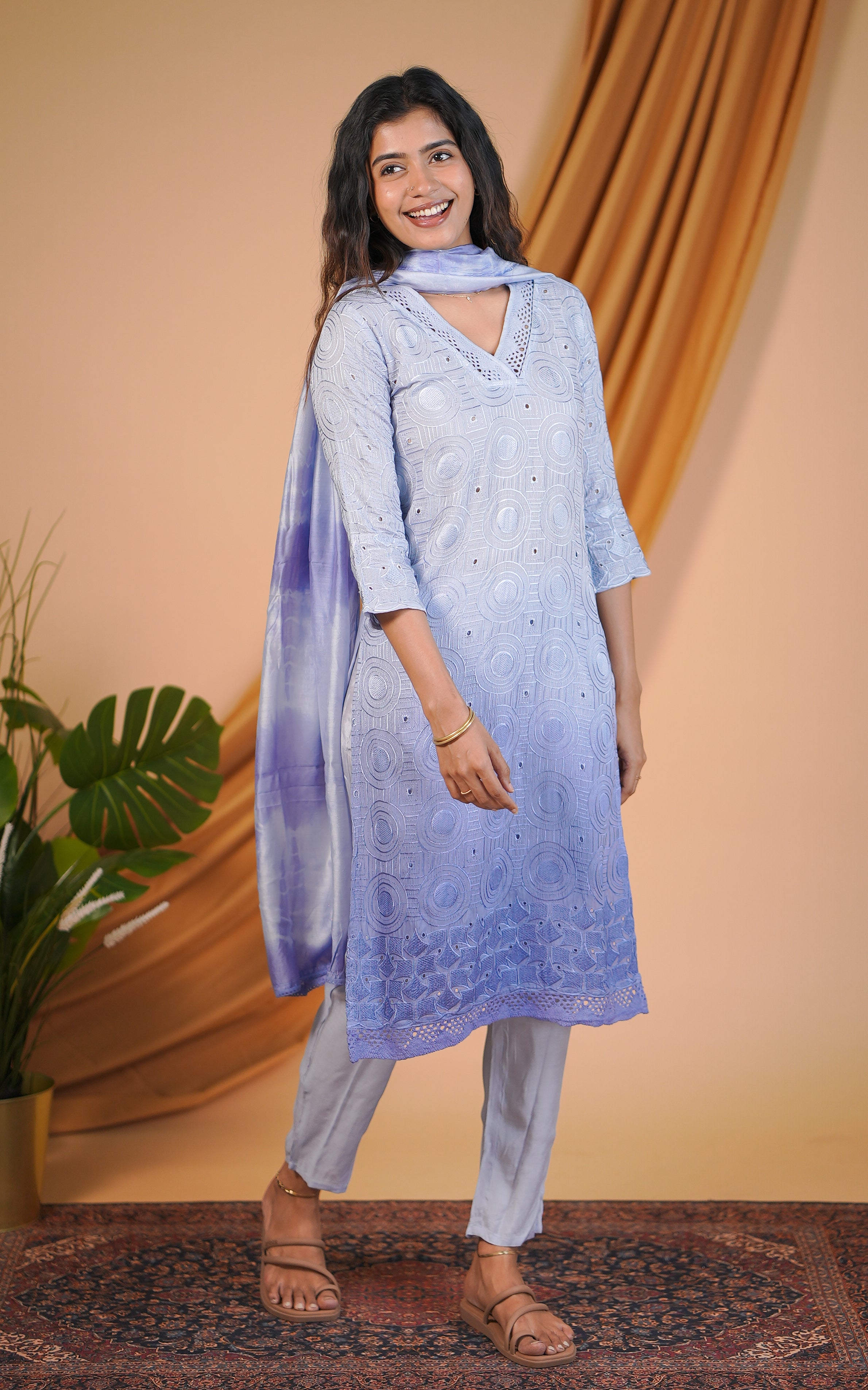 Art silk kurti with chikankari embroidery for women