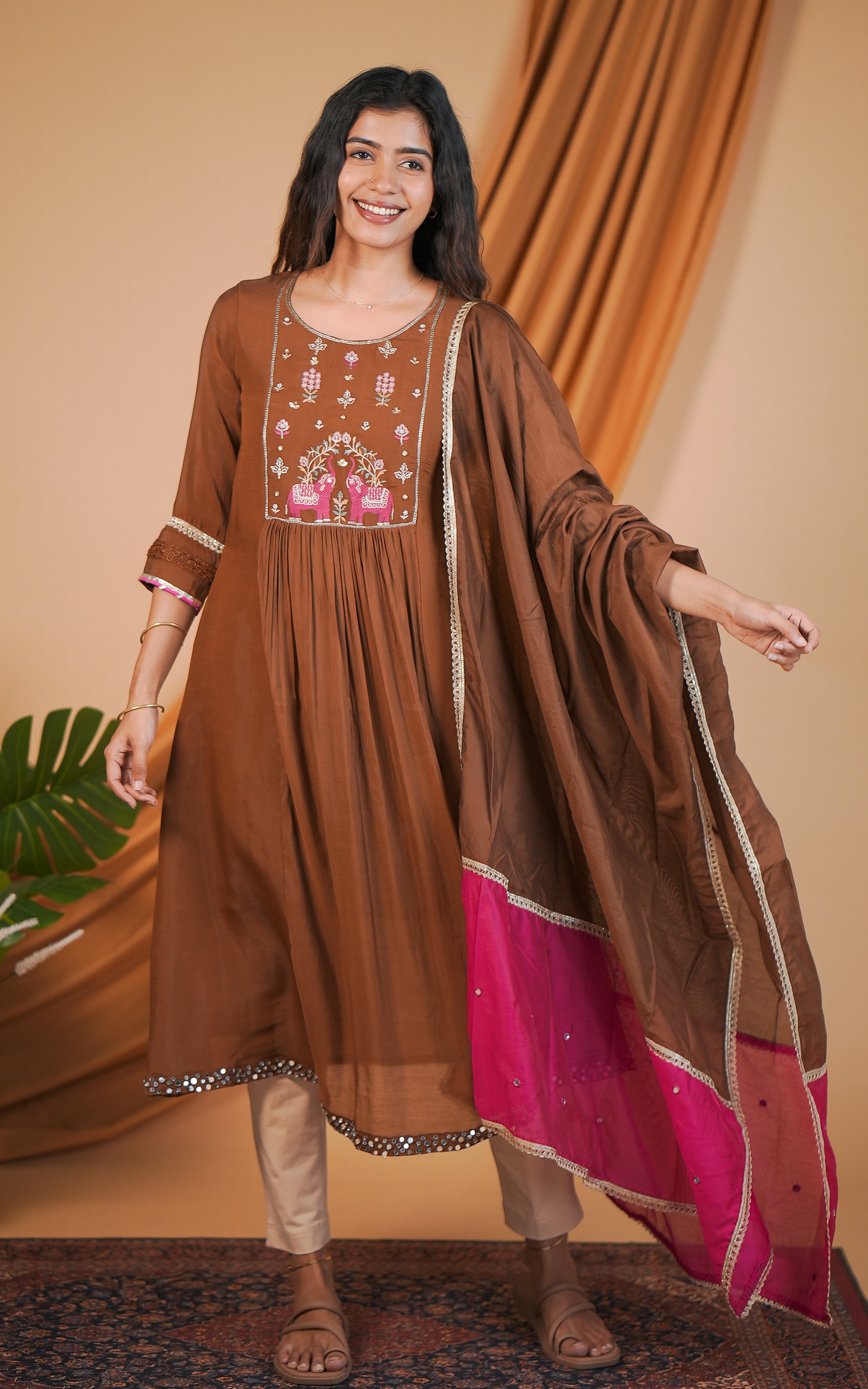 Brown art silk kurti set for women