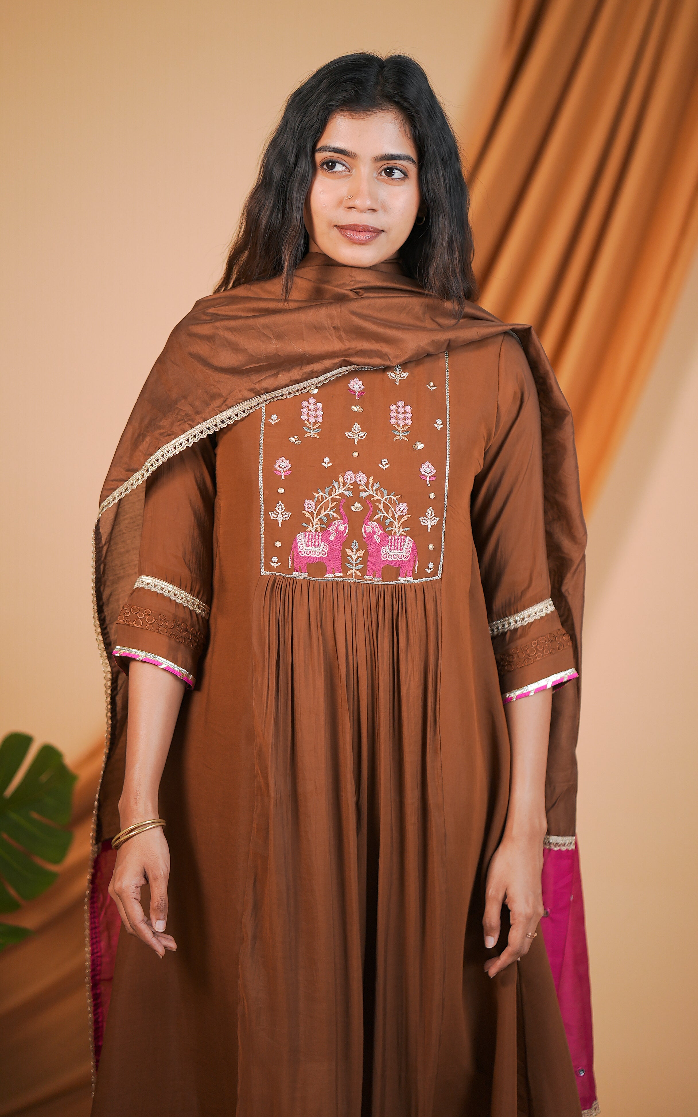 Brown kurti with mirror work for women