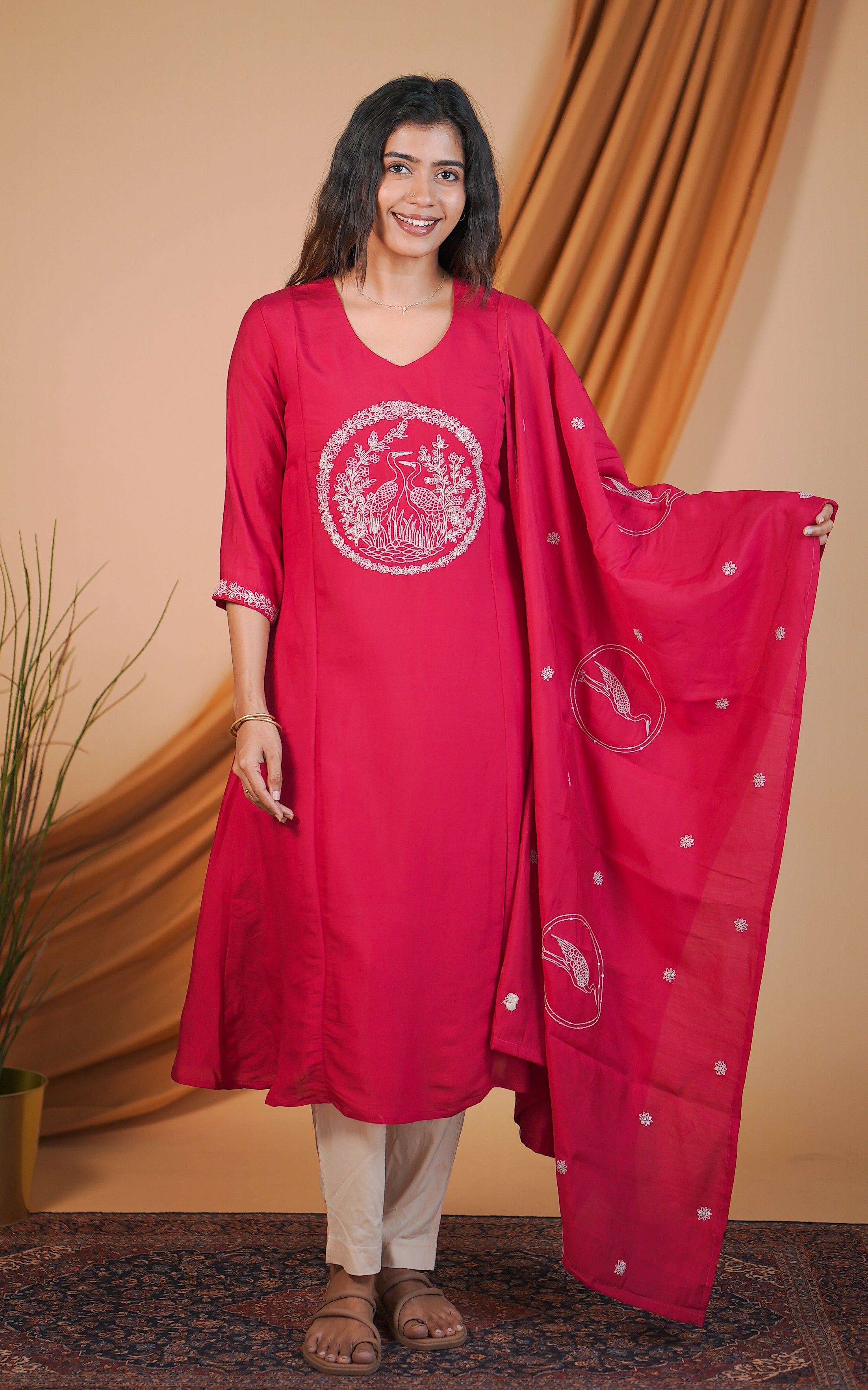 Instore – Reddish Pink Hansika Kurti with Dupatta for Women – Art Silk – Festive Ethnic Wear