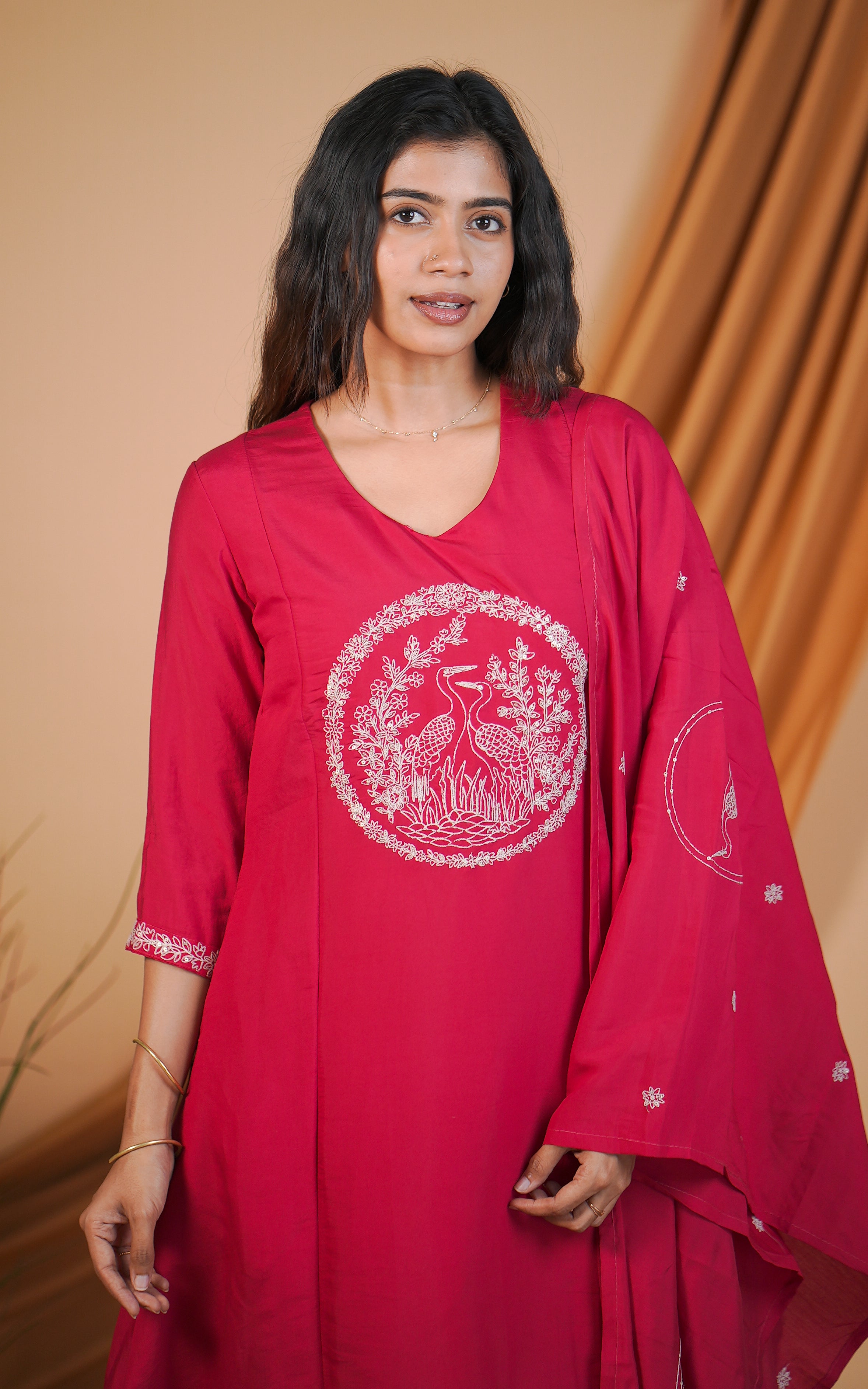 Instore – Reddish Pink Hansika Kurti with Dupatta for Women – Art Silk – Festive Ethnic Wear