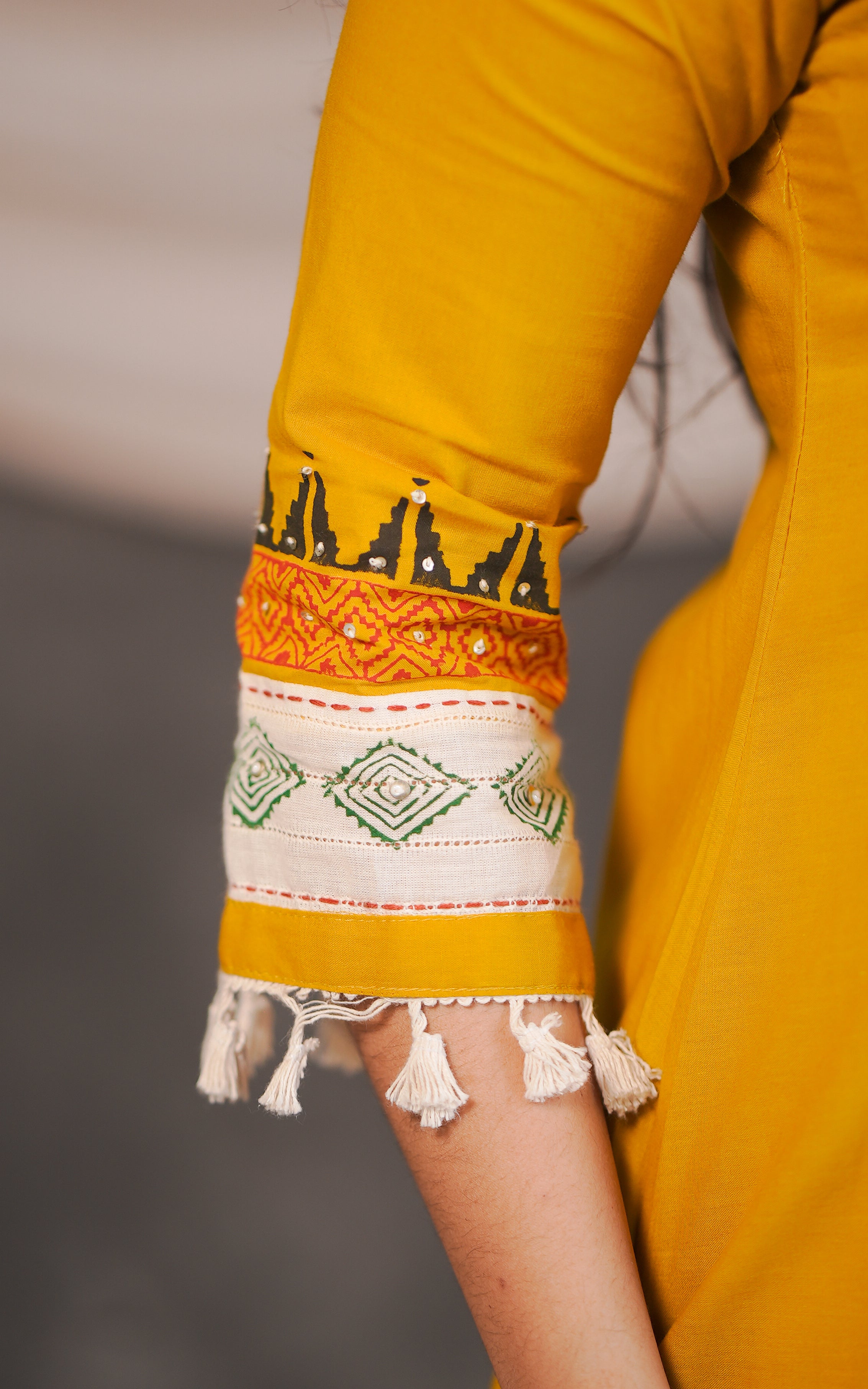 Instore – Manvitha Mustard Cotton Handblock Printed V-Neck Aline Kurti with Handblock Printed Cotton Dupatta – Women's Ethnic Wear