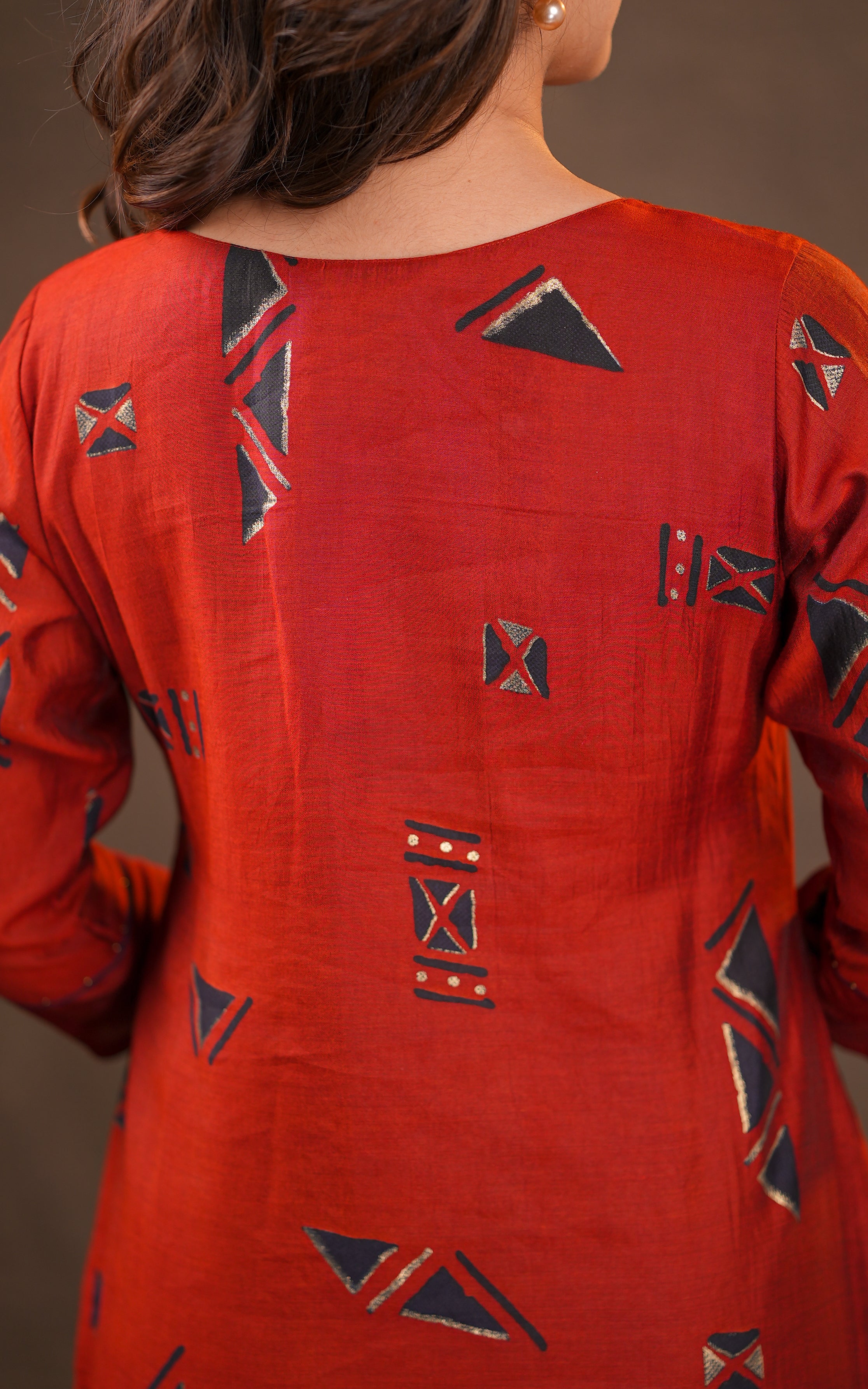 Instore - Red Color Art Silk Keyhole Neckline Straight Cut Kurti with Side Slit and Cotton Lining