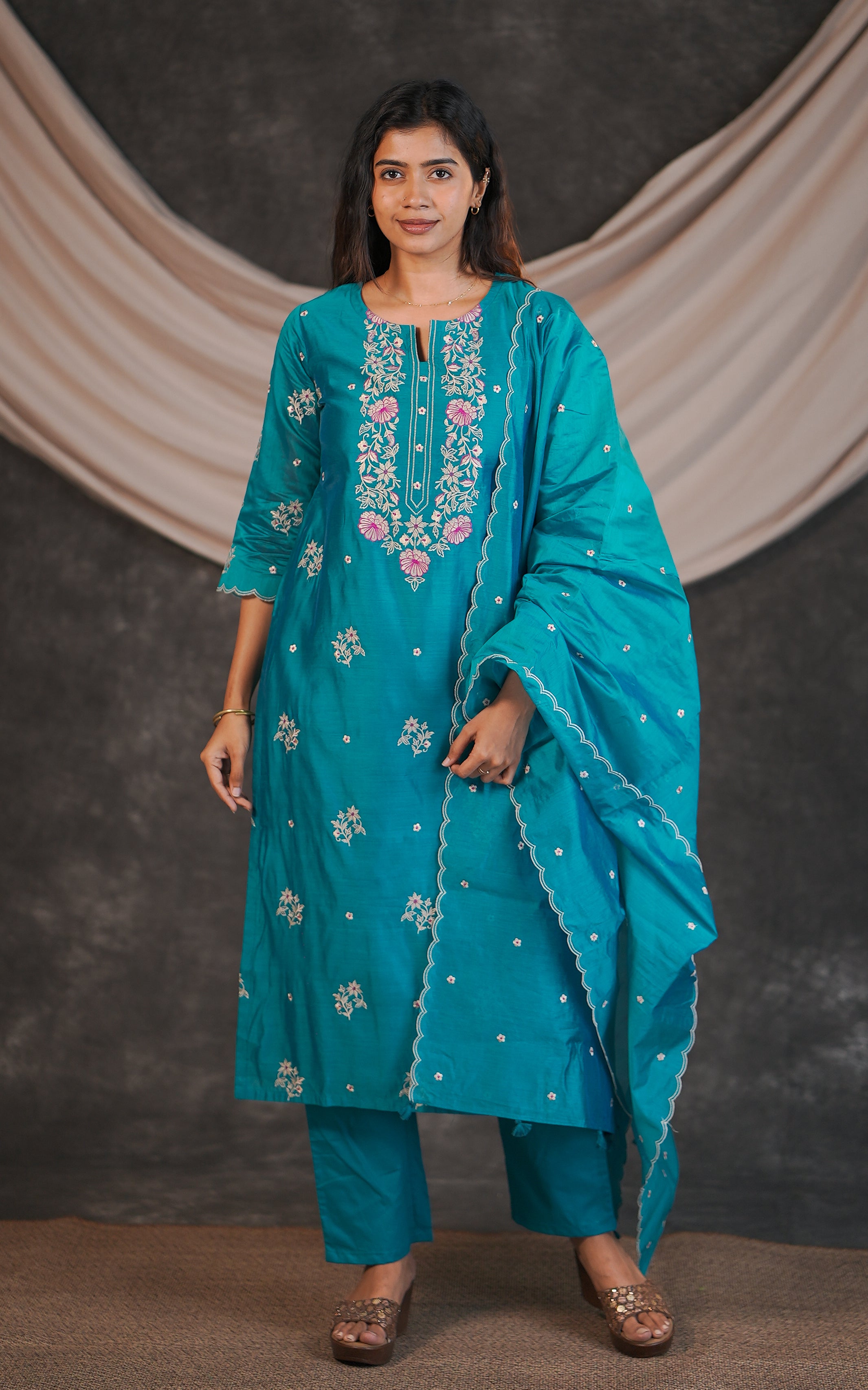 Traditional art silk kurti with dupatta set for women