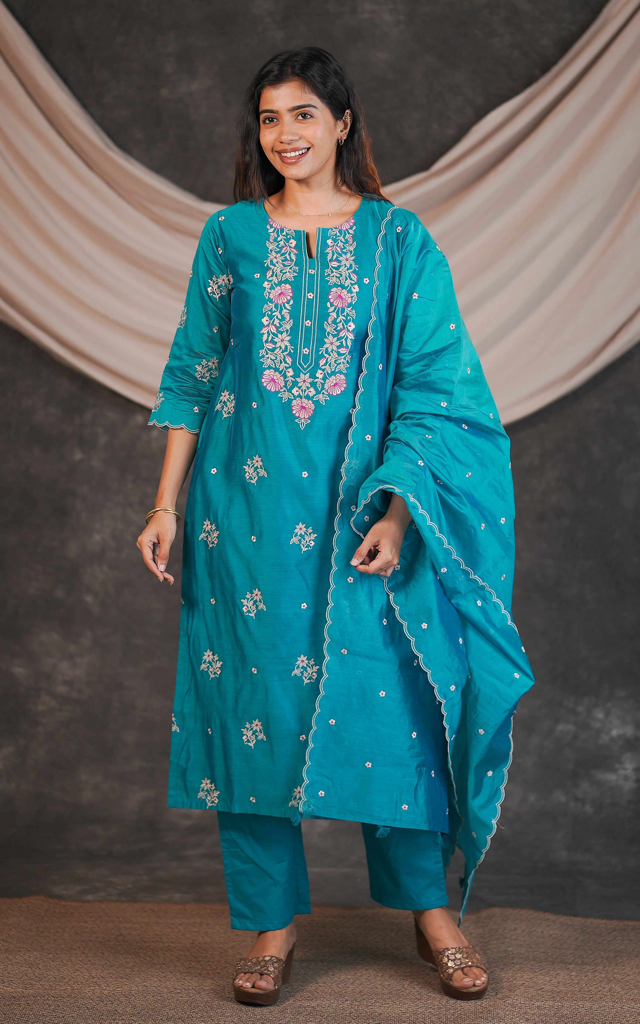 Festive wear embroidered art silk kurti set