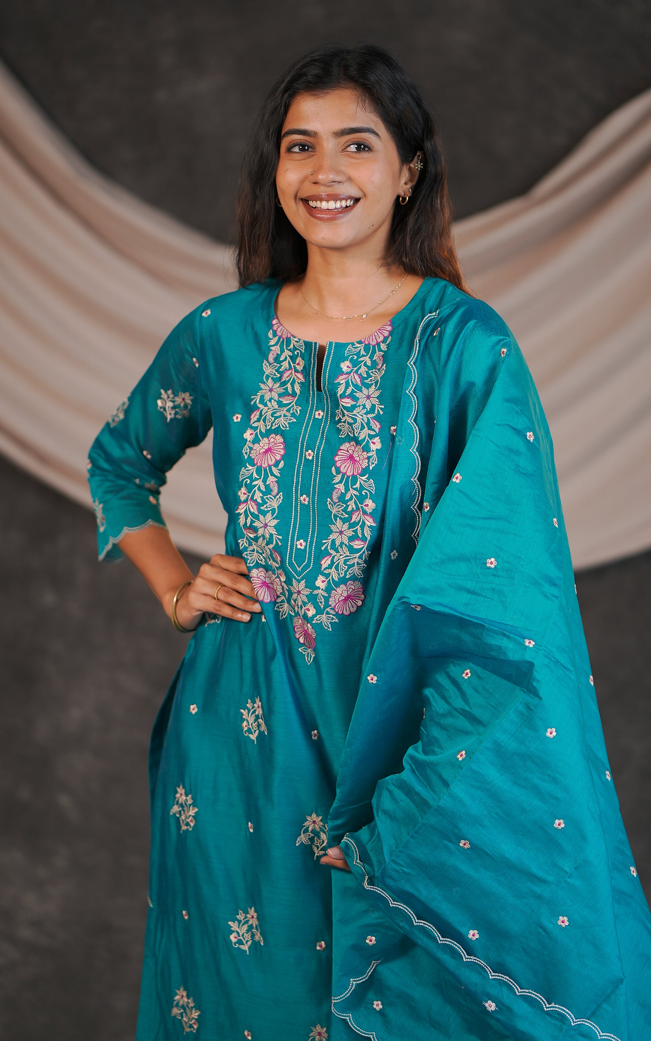 Elegant thread embroidered art silk kurti set for women