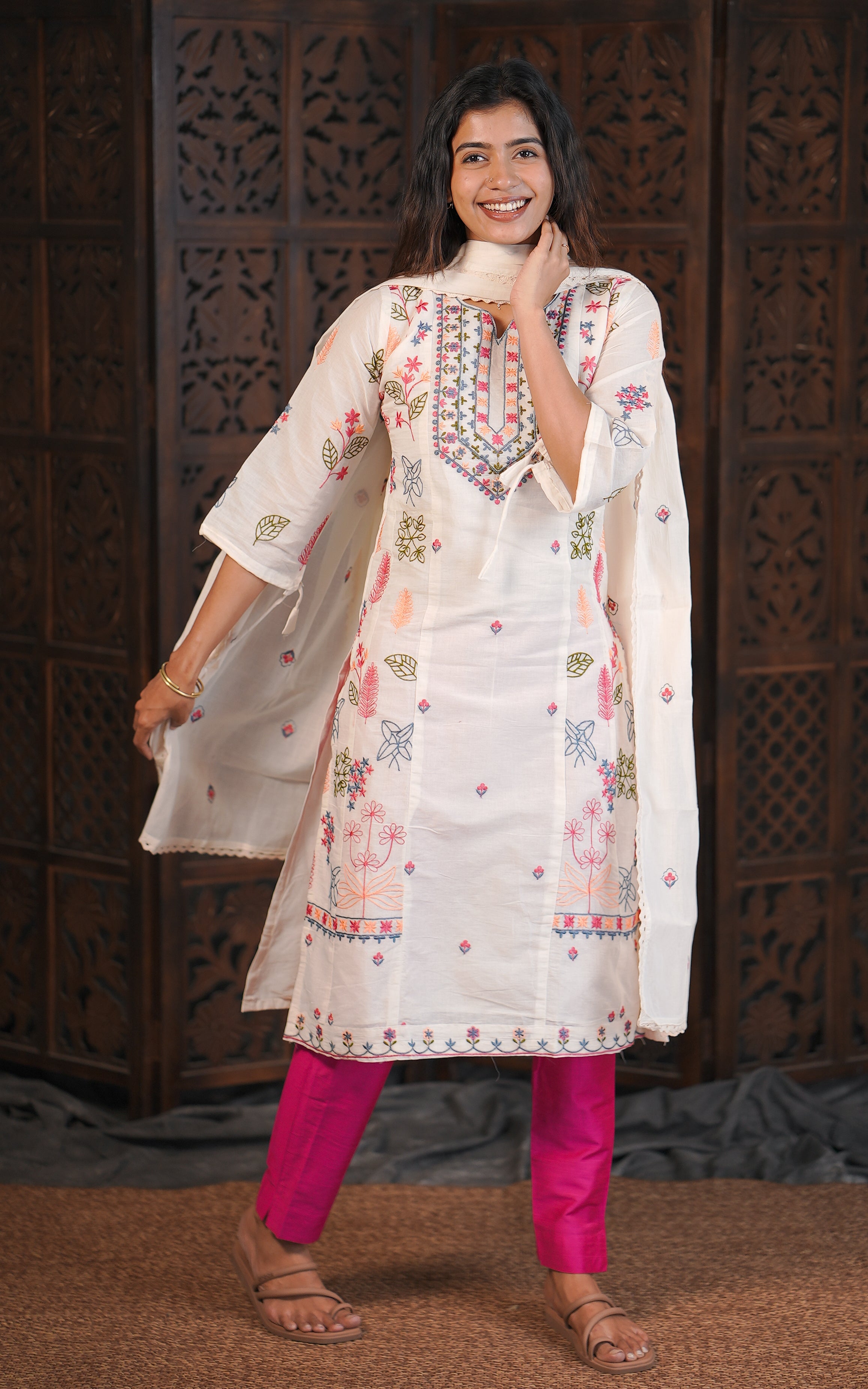 Cream art silk kurti for women
