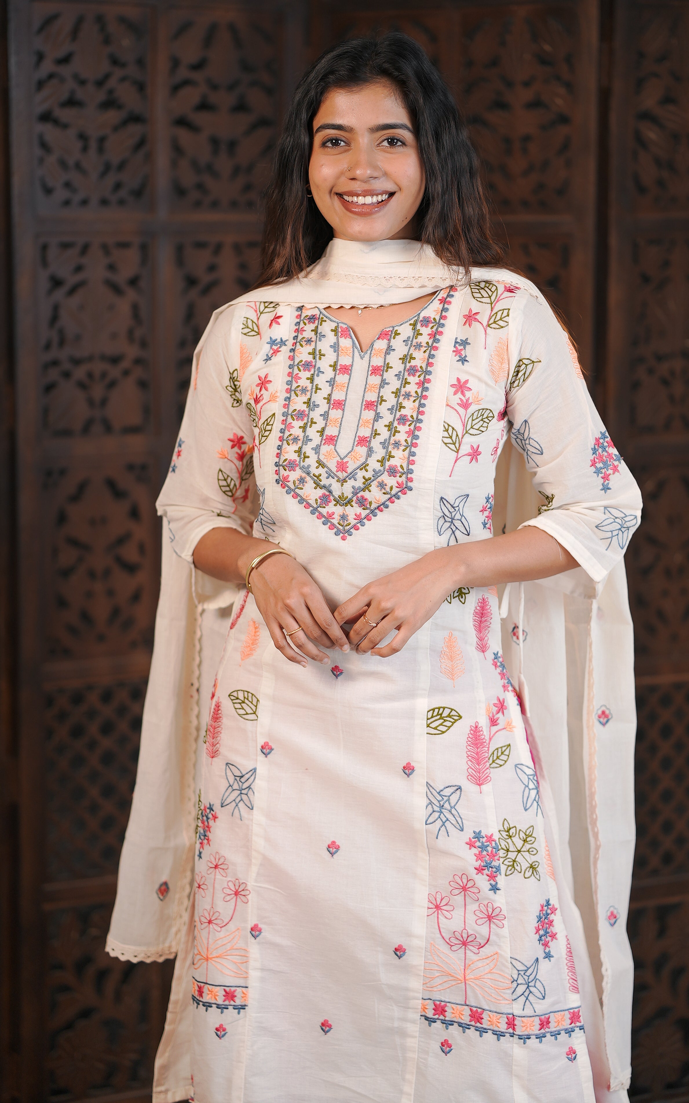Cream straight cut kurti for women