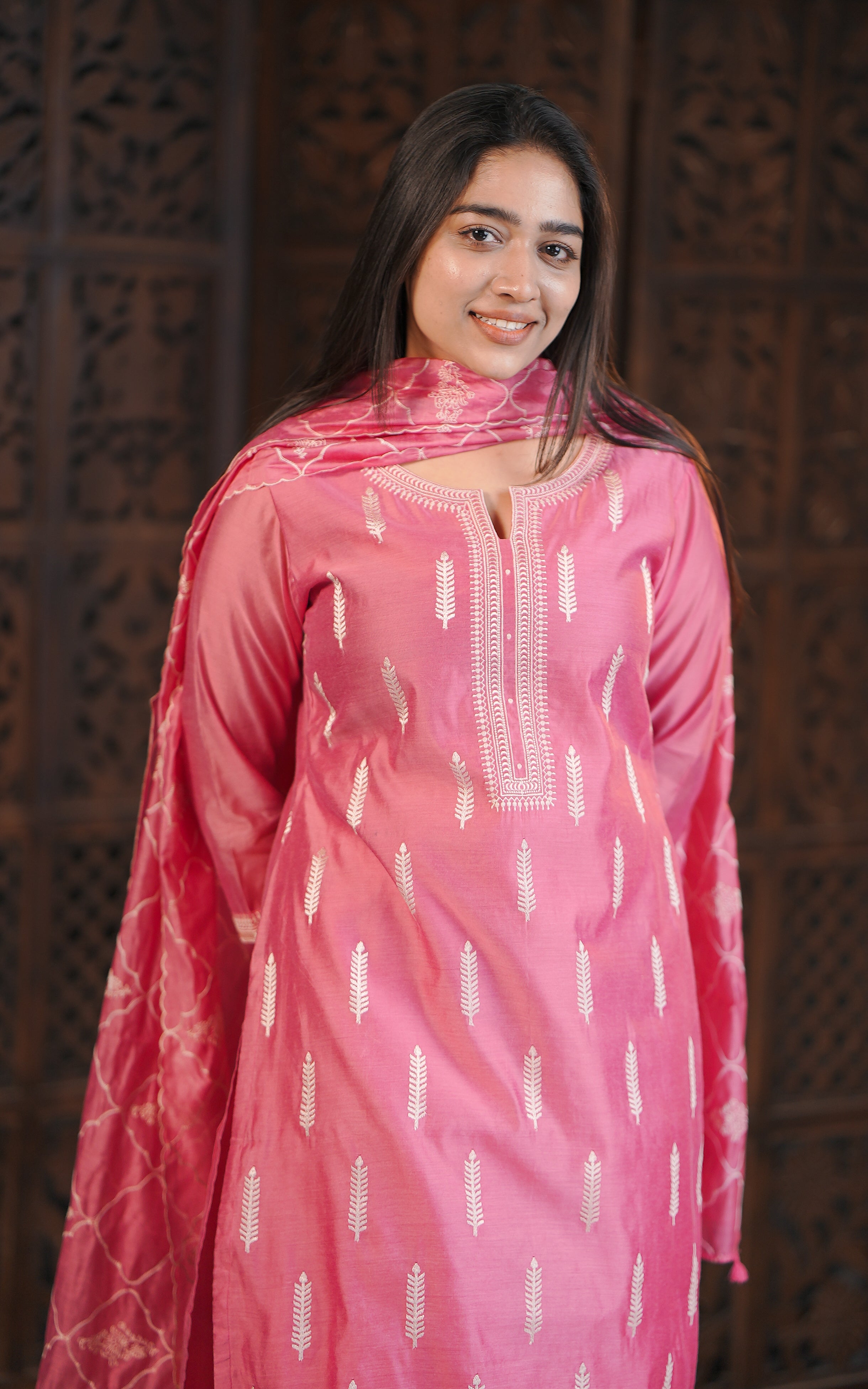 Coral pink straight cut kurti for women
