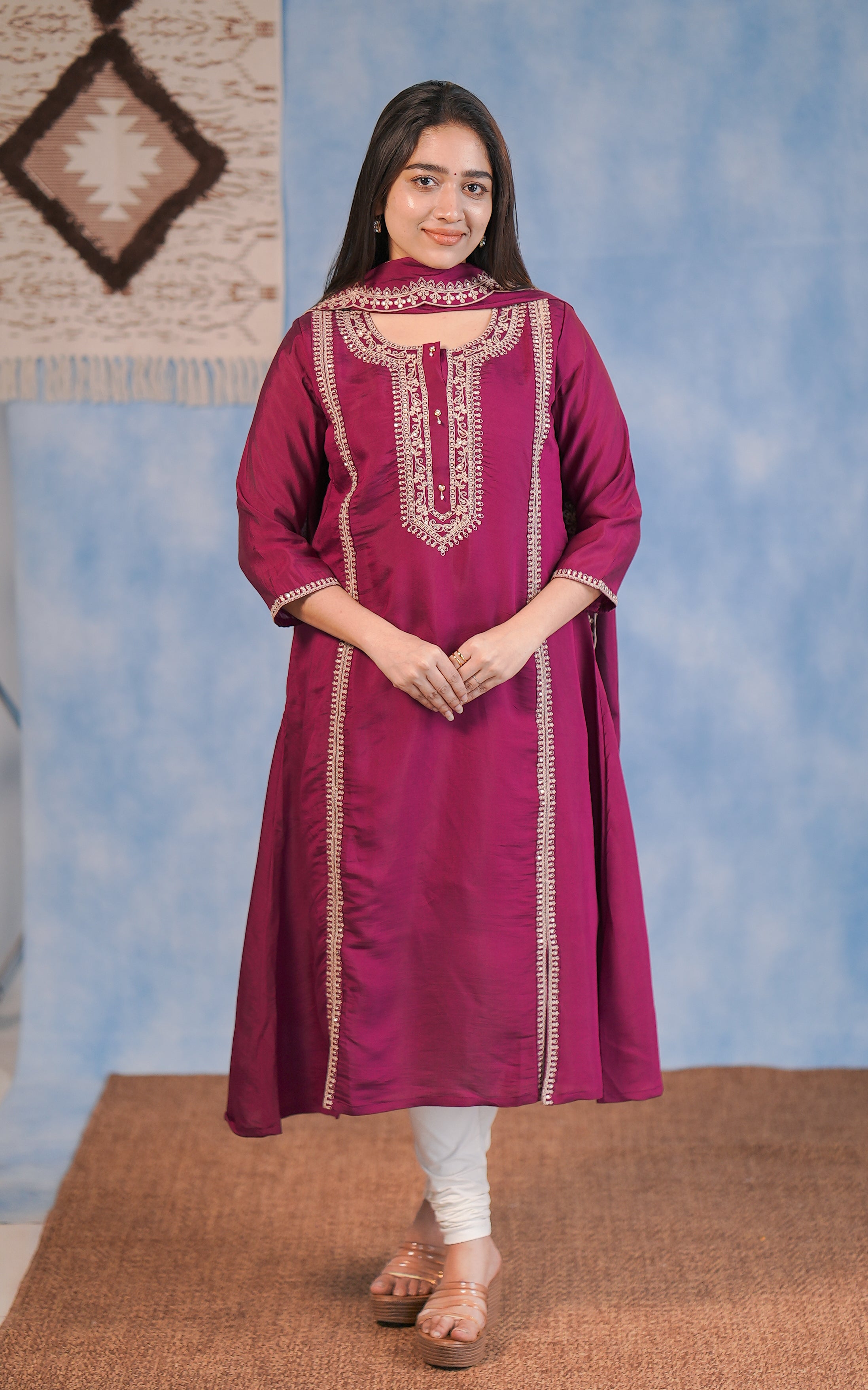Budget‑friendly art silk set (light embroidery) with pant & dupatta.