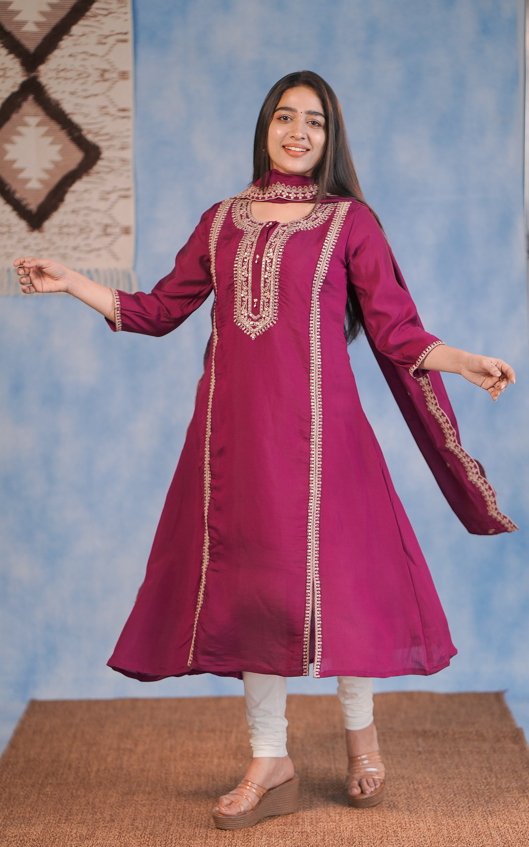 “Art silk embroidered A-line kurta pant dupatta plum”