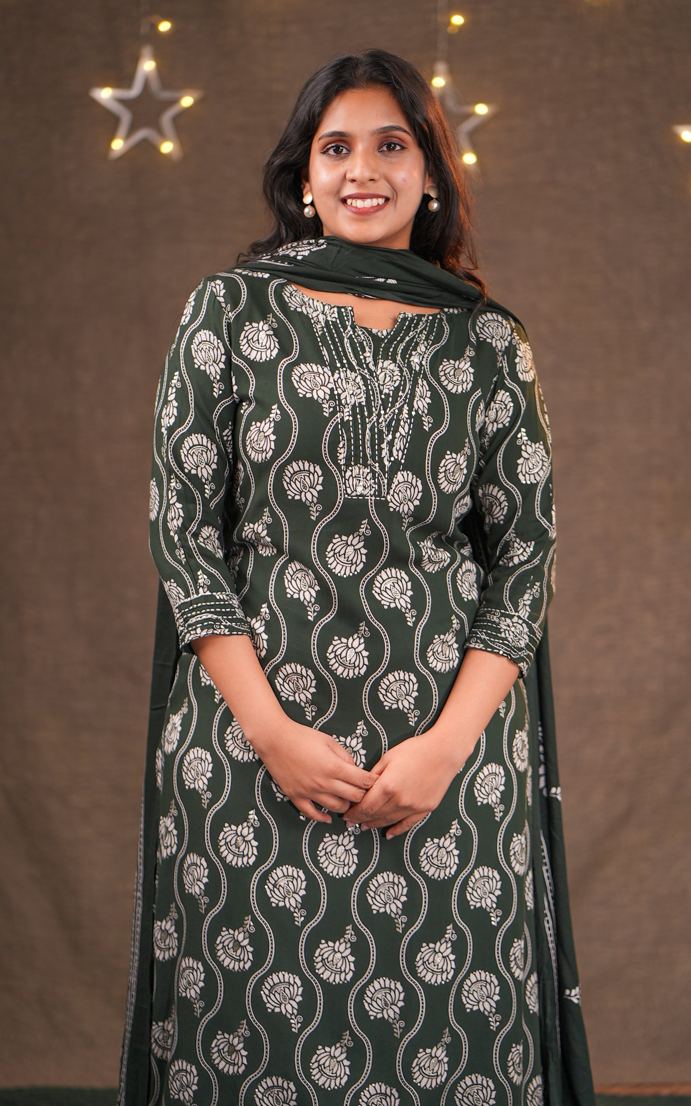Dark Green straight cut kurti with dupatta for women