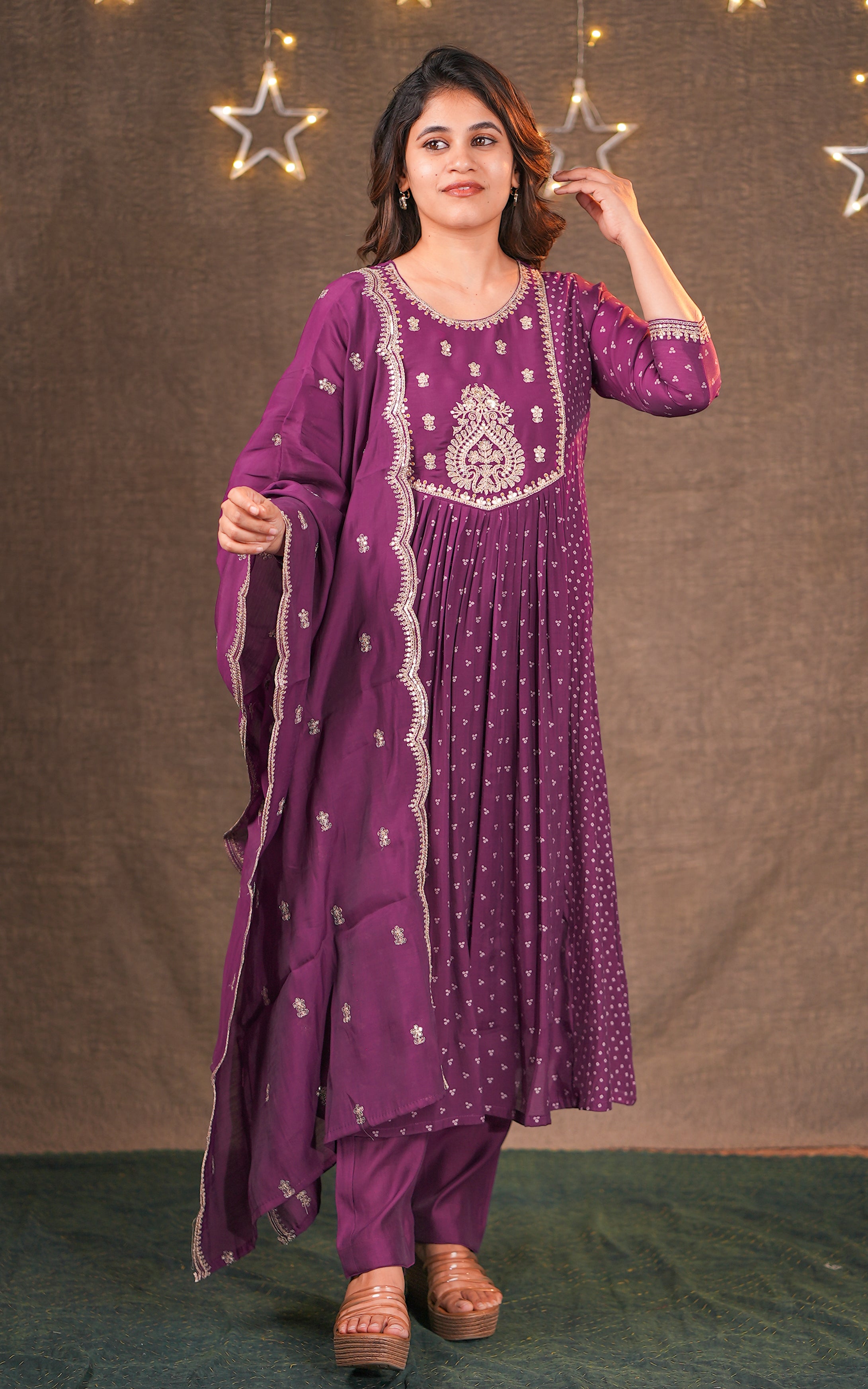 Instore - Purple Color Art Silk Embroidered Flared Anarkali Kurti with Pant & Embroidered Art Silk Dupatta, Cotton Lining