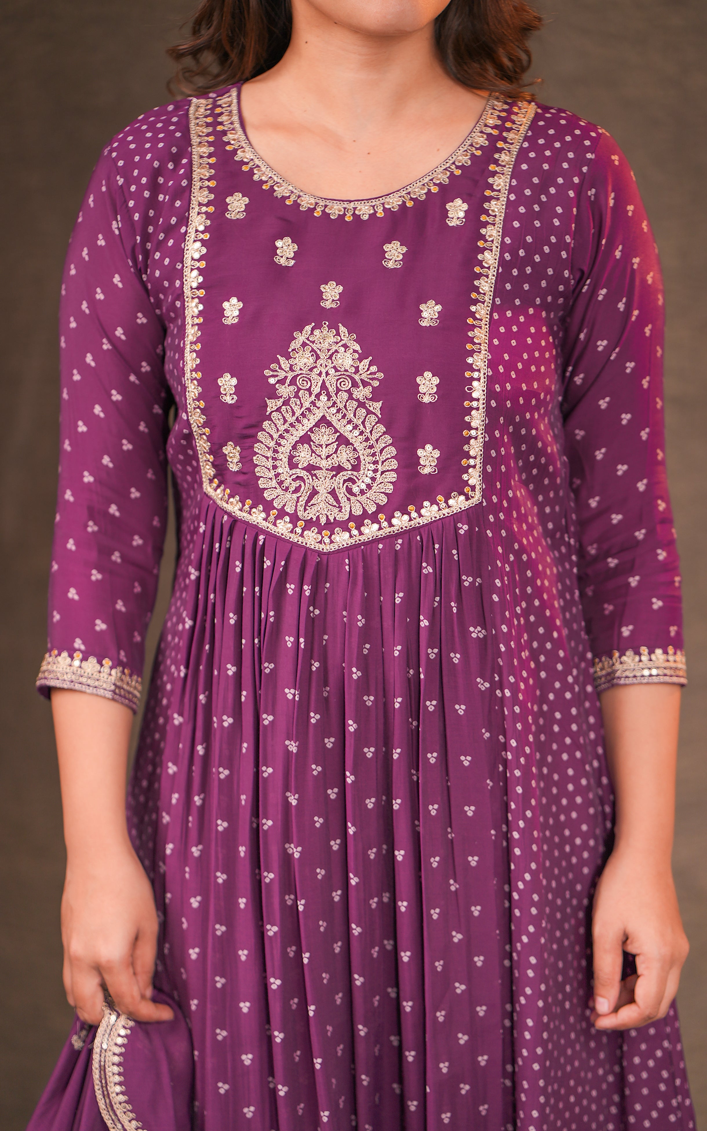 Instore - Purple Color Art Silk Embroidered Flared Anarkali Kurti with Pant & Embroidered Art Silk Dupatta, Cotton Lining